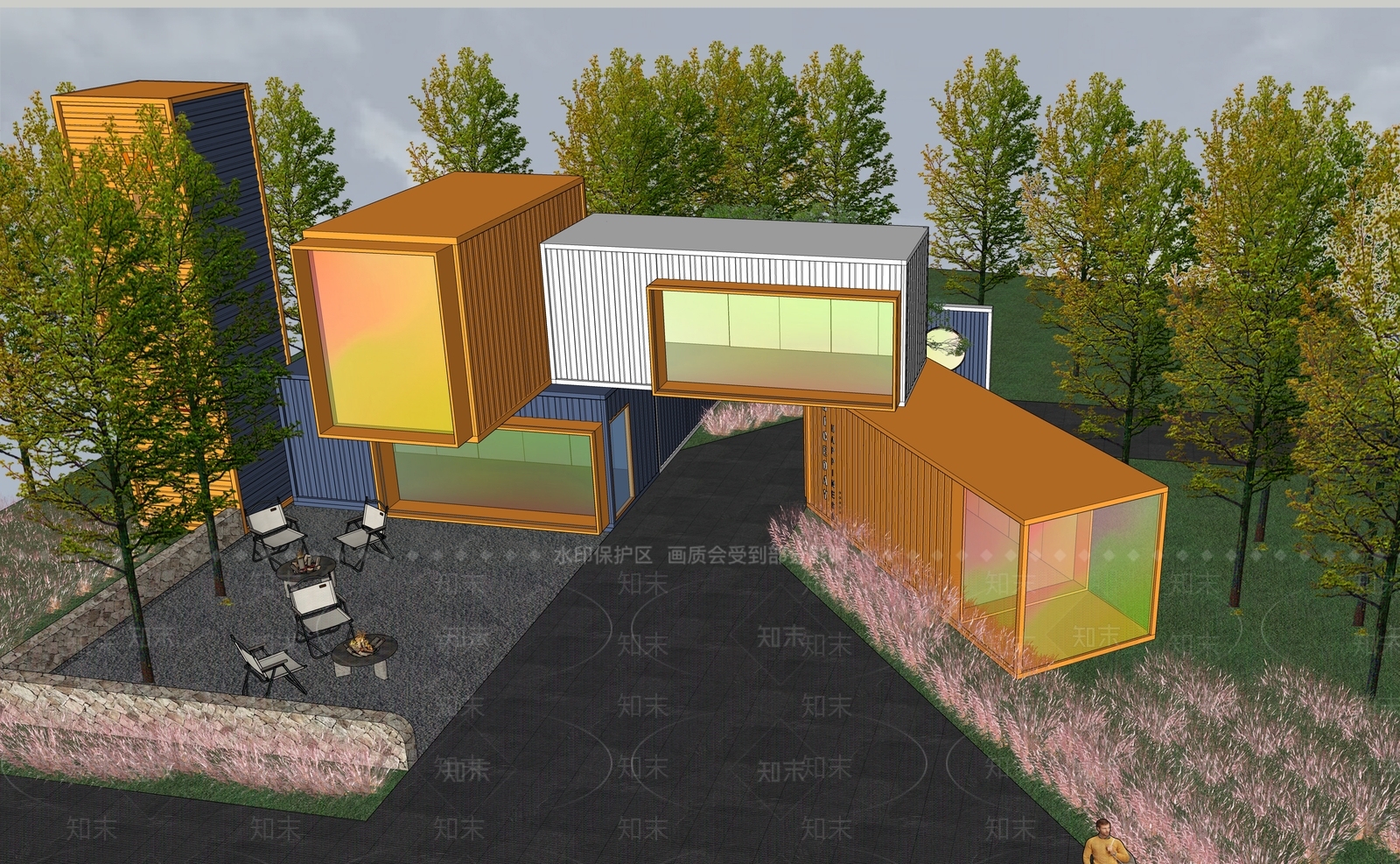 现代集装箱餐饮建筑SU模型下载【ID:1148277525】