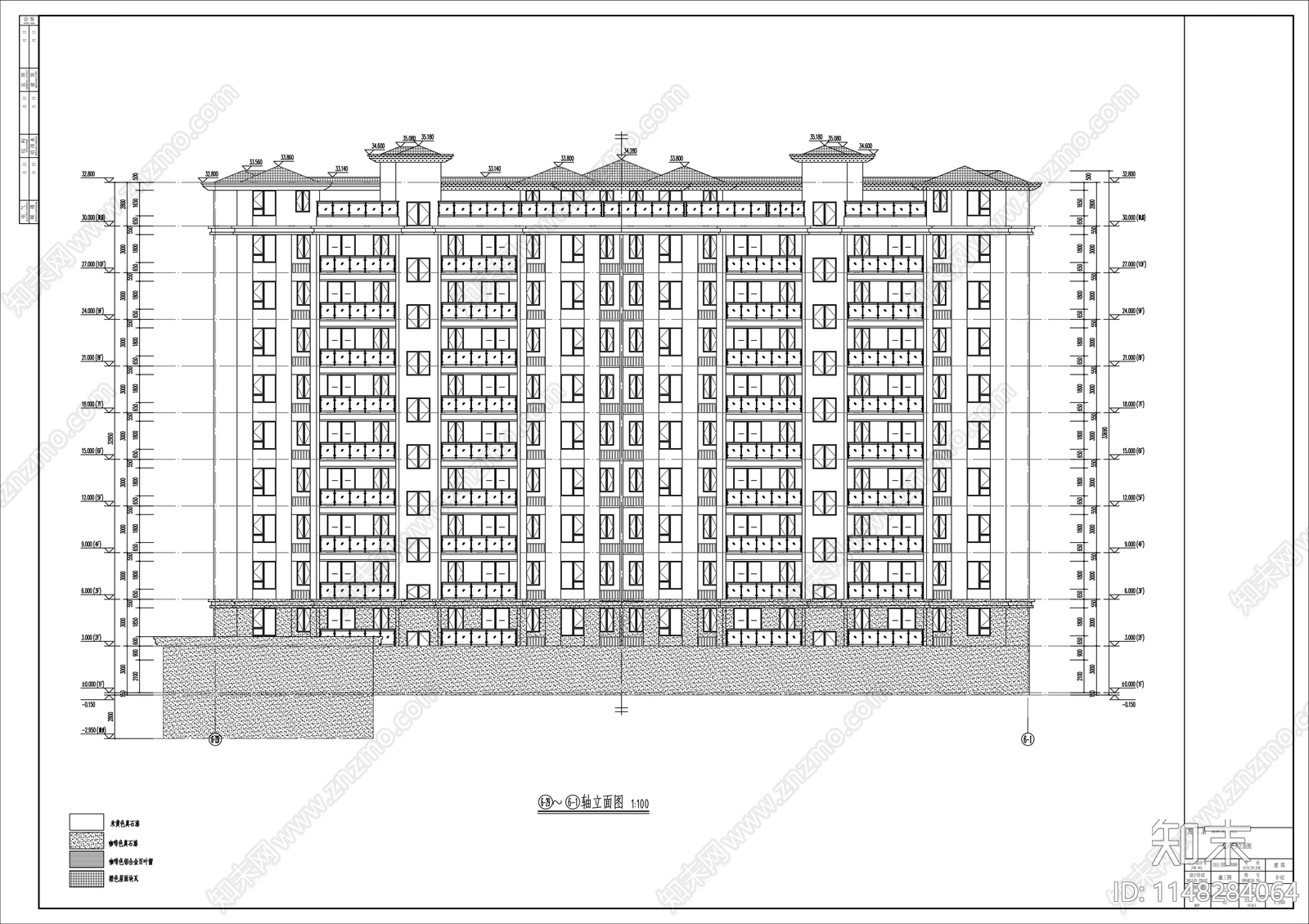 十一层坡屋顶住宅建筑cad施工图下载【ID:1148284064】