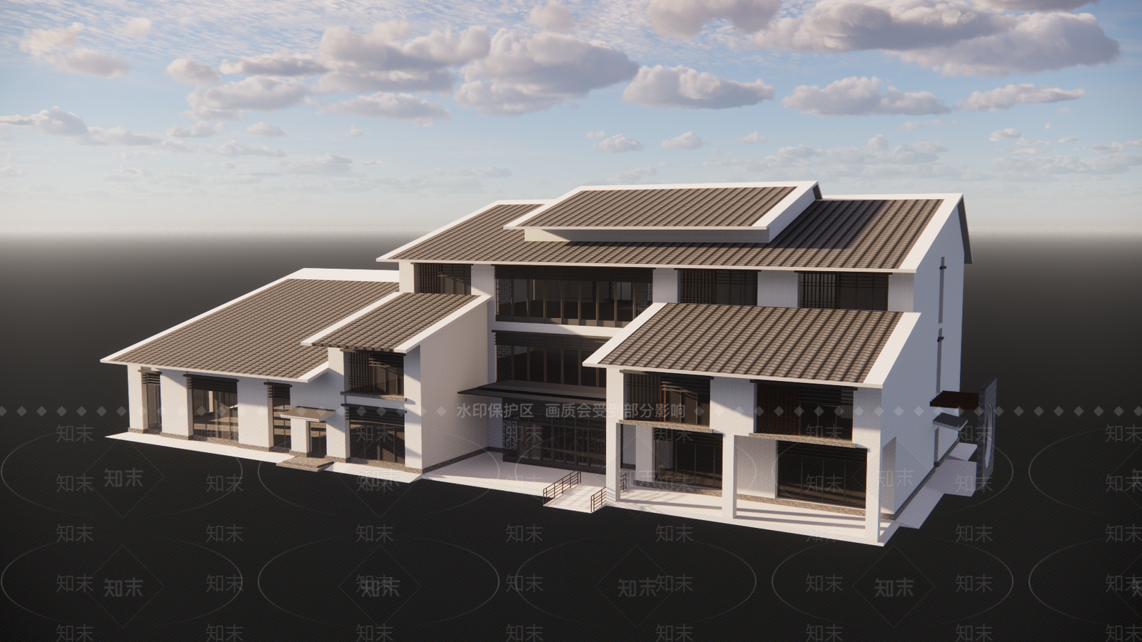 新中式坡屋顶活动中心建筑SU模型下载【ID:1148291707】