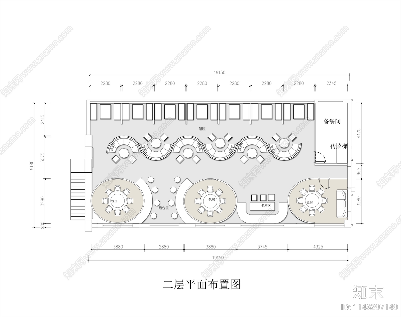 400㎡两层餐厅室内平面图施工图下载【ID:1148297149】