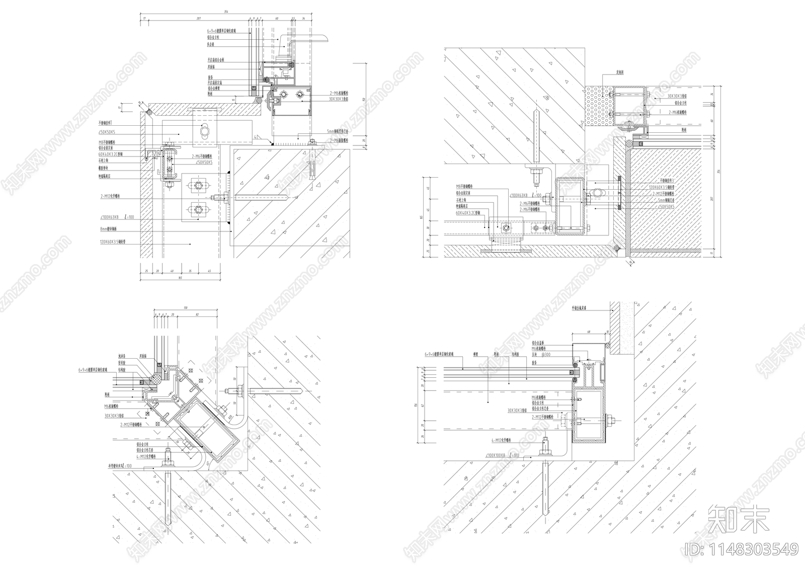 130种全玻璃幕墙节点cad施工图下载【ID:1148303549】