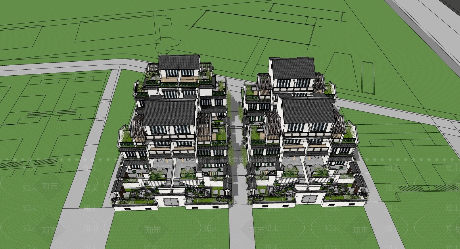 新中式四合院SU模型下载【ID:1148340682】
