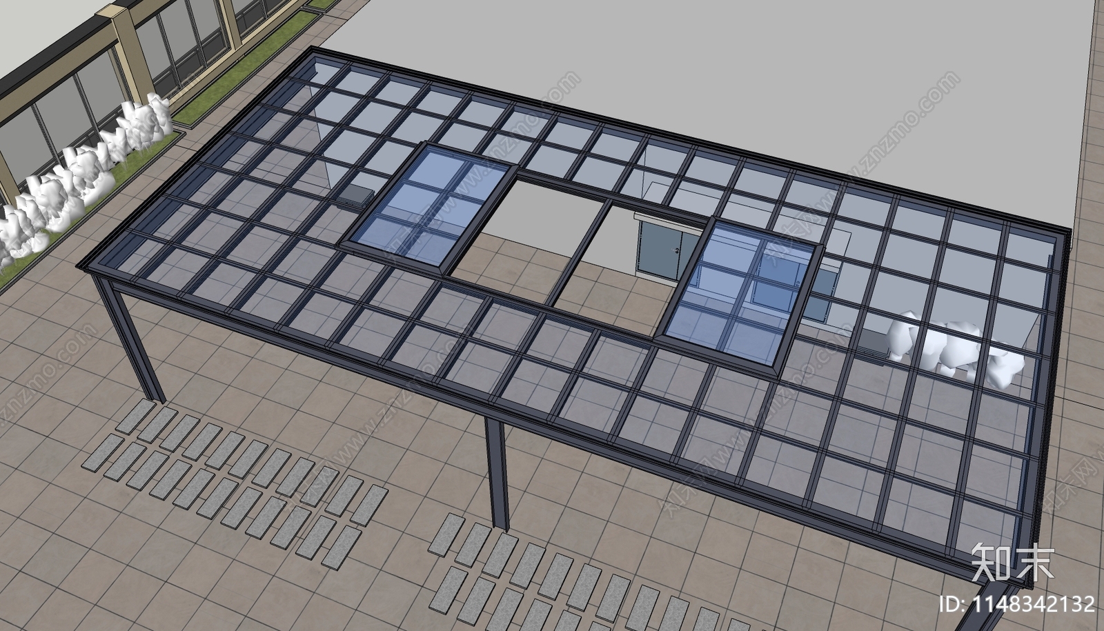 现代钢结构玻璃雨棚SU模型下载【ID:1148342132】
