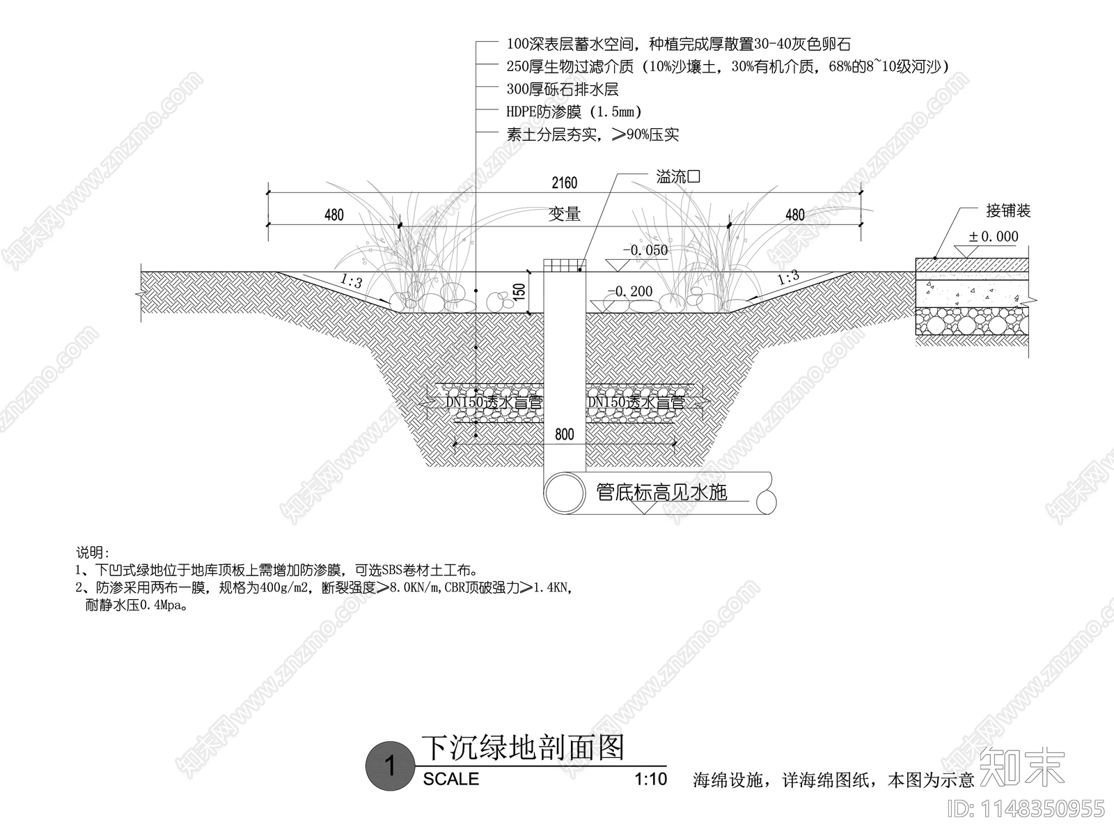 现代景观下凹绿地雨水花园节点施工图下载【ID:1148350955】