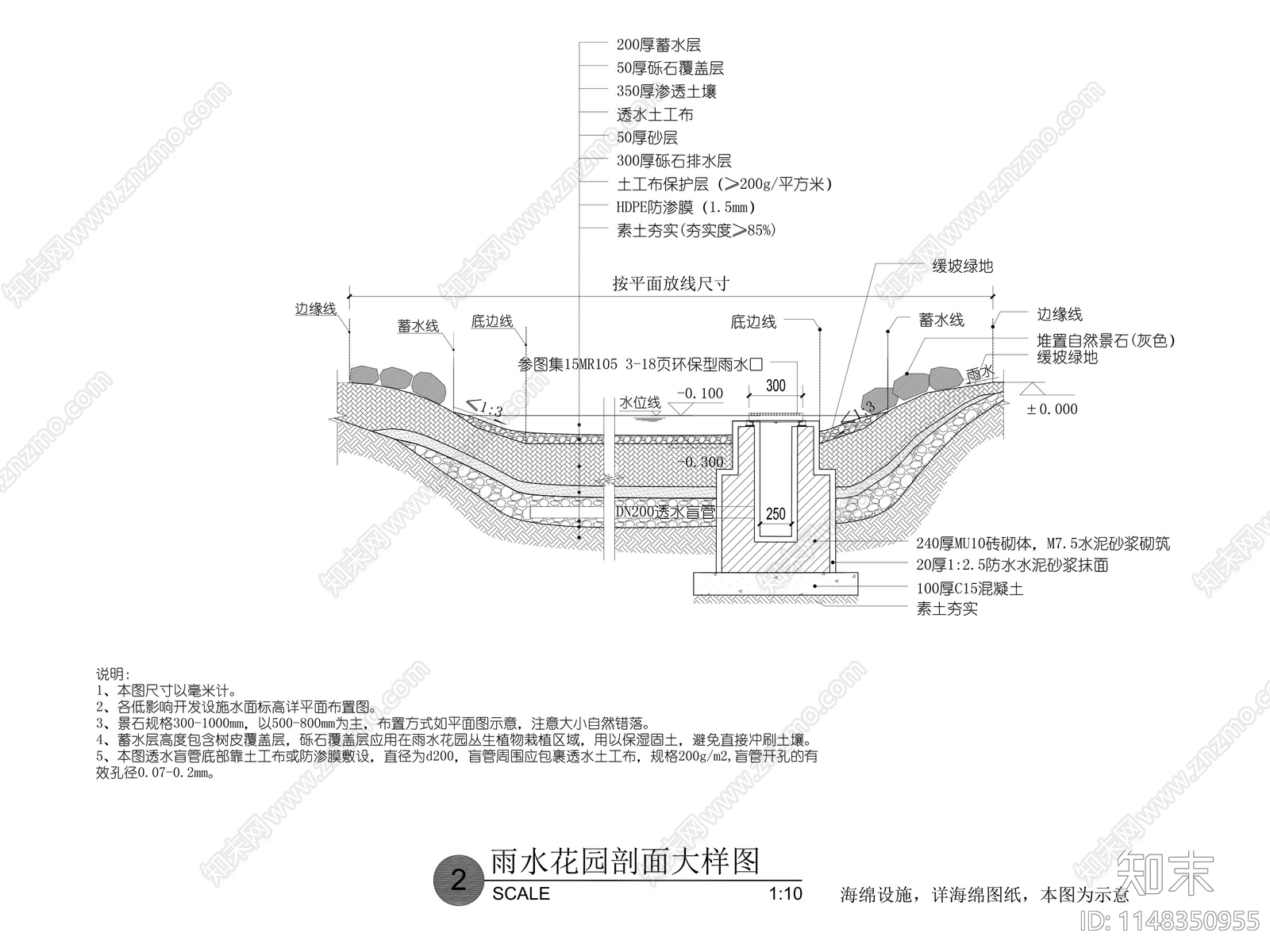 现代景观下凹绿地雨水花园节点施工图下载【ID:1148350955】