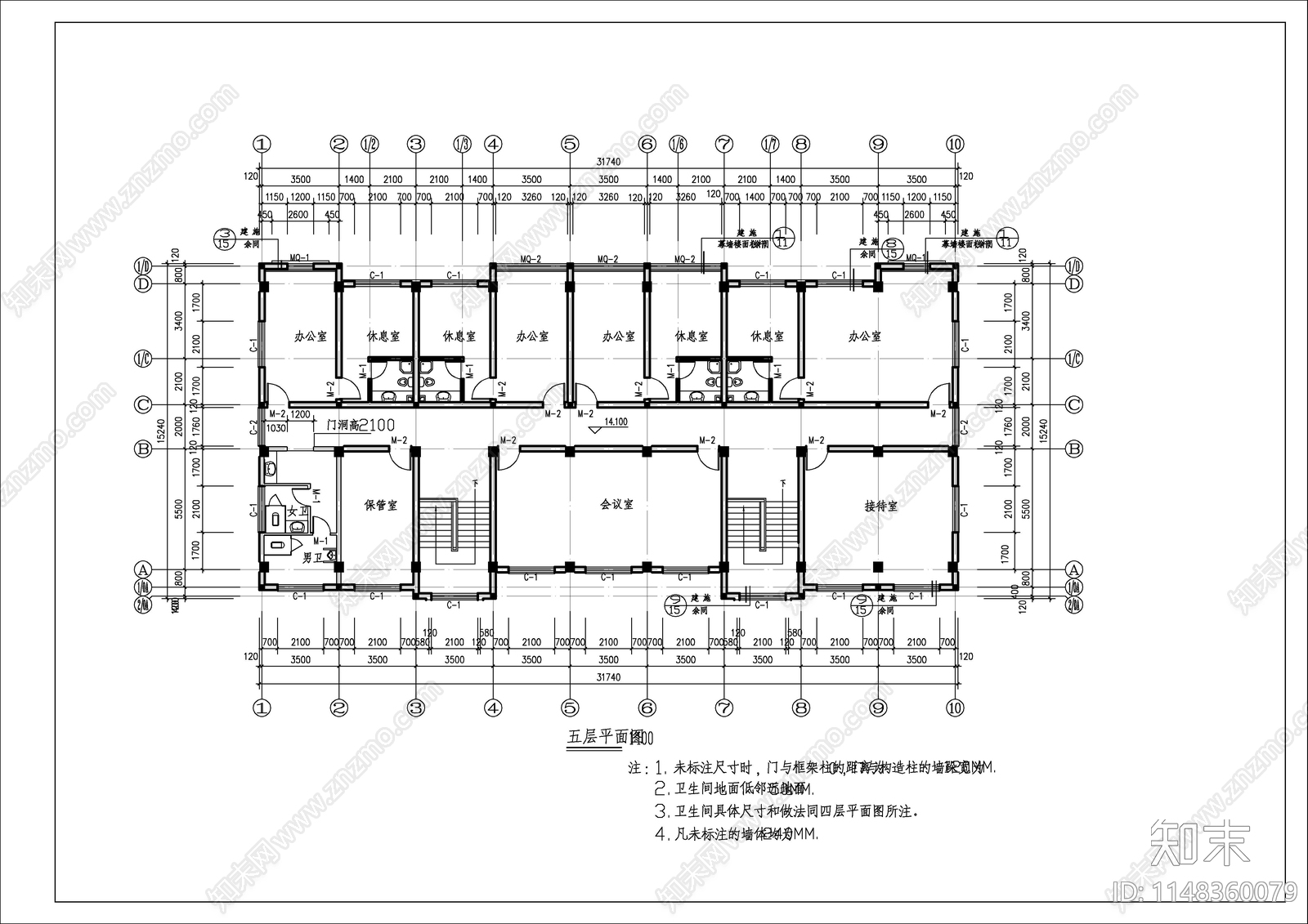 5层现代简单办公楼建筑cad施工图下载【ID:1148360079】