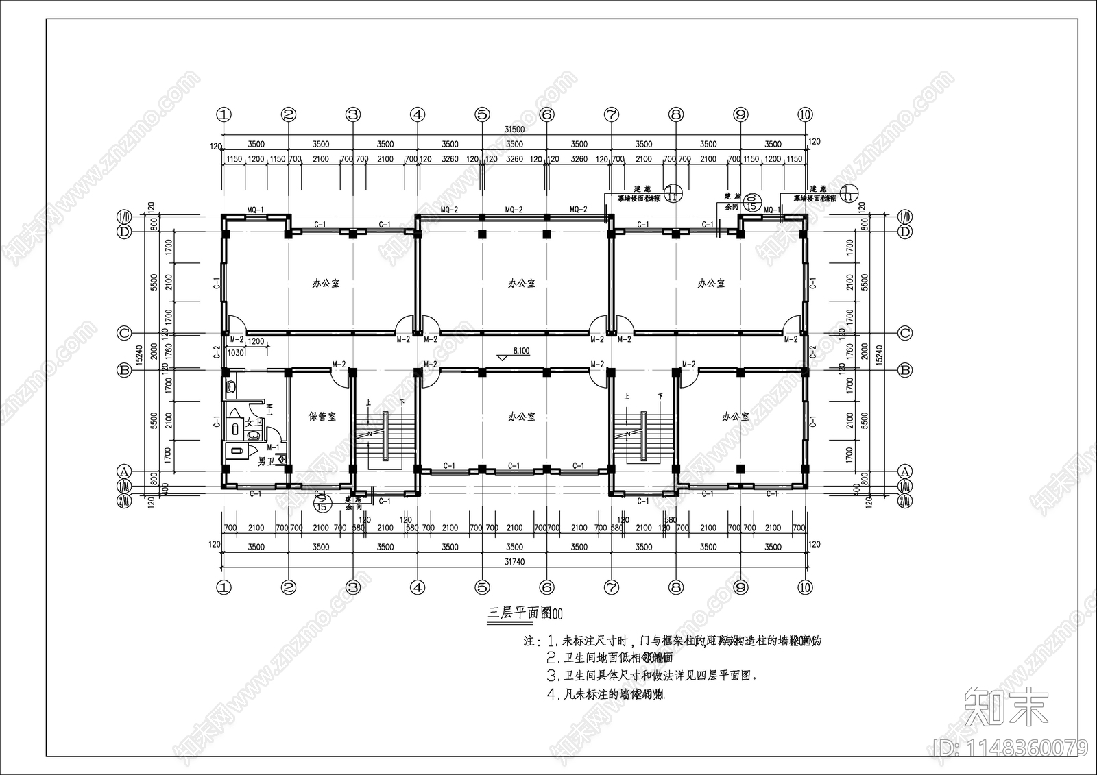 5层现代简单办公楼建筑cad施工图下载【ID:1148360079】