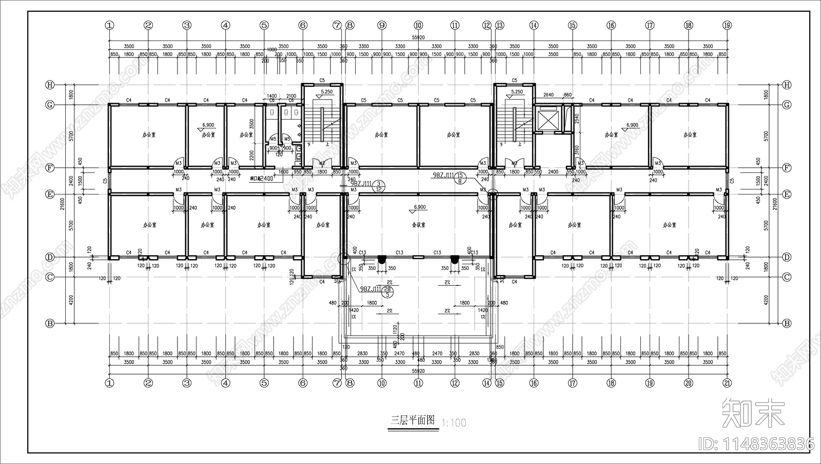 6层办公楼建筑施工图下载【ID:1148363836】