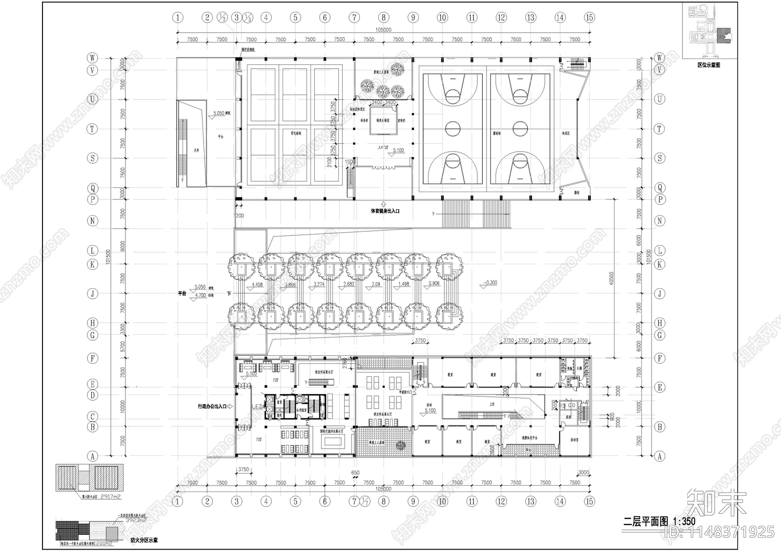 学校体育馆校史馆办公中心建筑cad施工图下载【ID:1148371925】