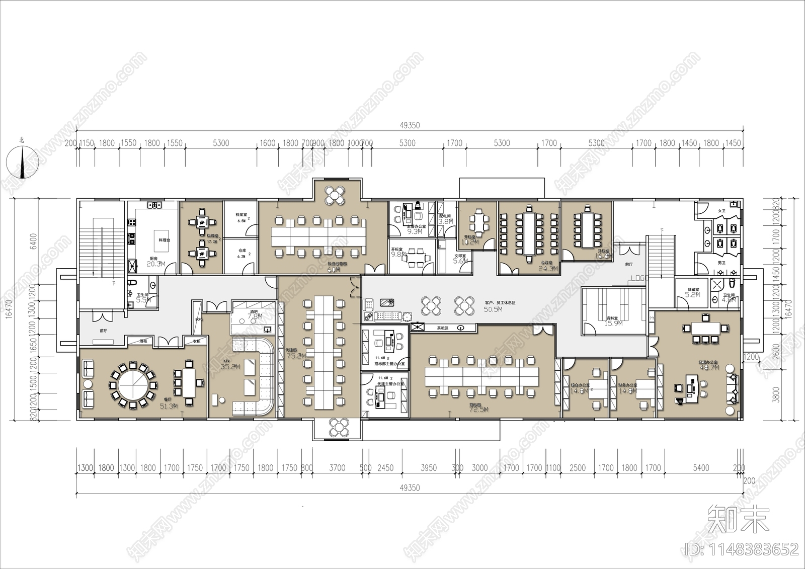 800㎡办公室室内平面图施工图下载【ID:1148383652】