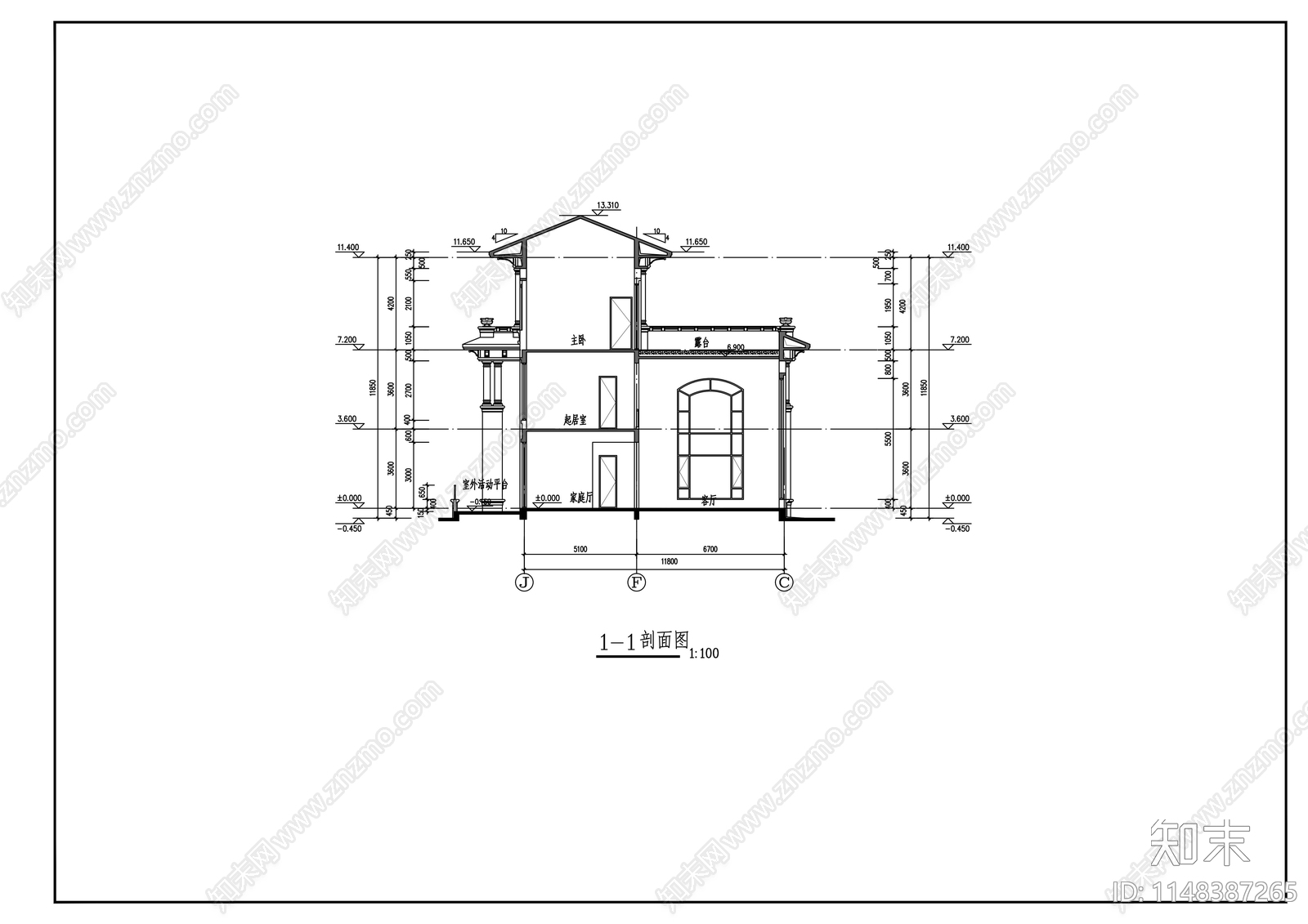 单体别墅建筑cad施工图下载【ID:1148387265】