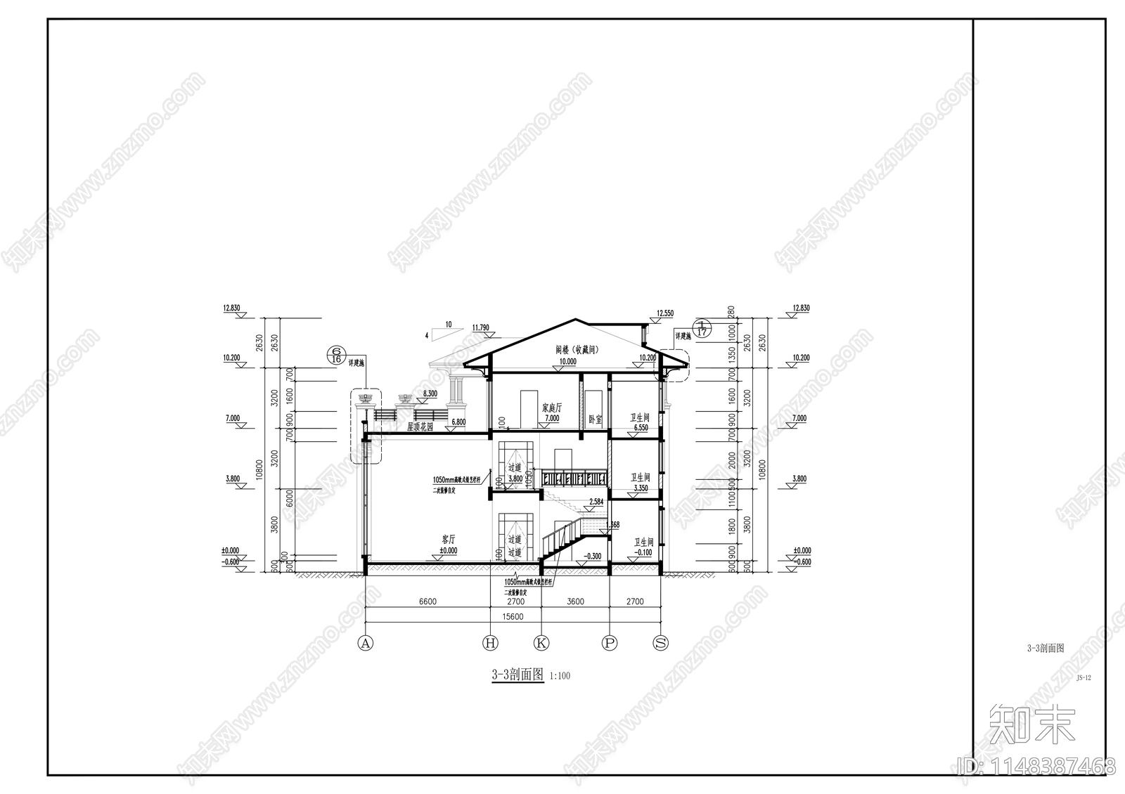 三层欧式豪宅建筑cad施工图下载【ID:1148387468】