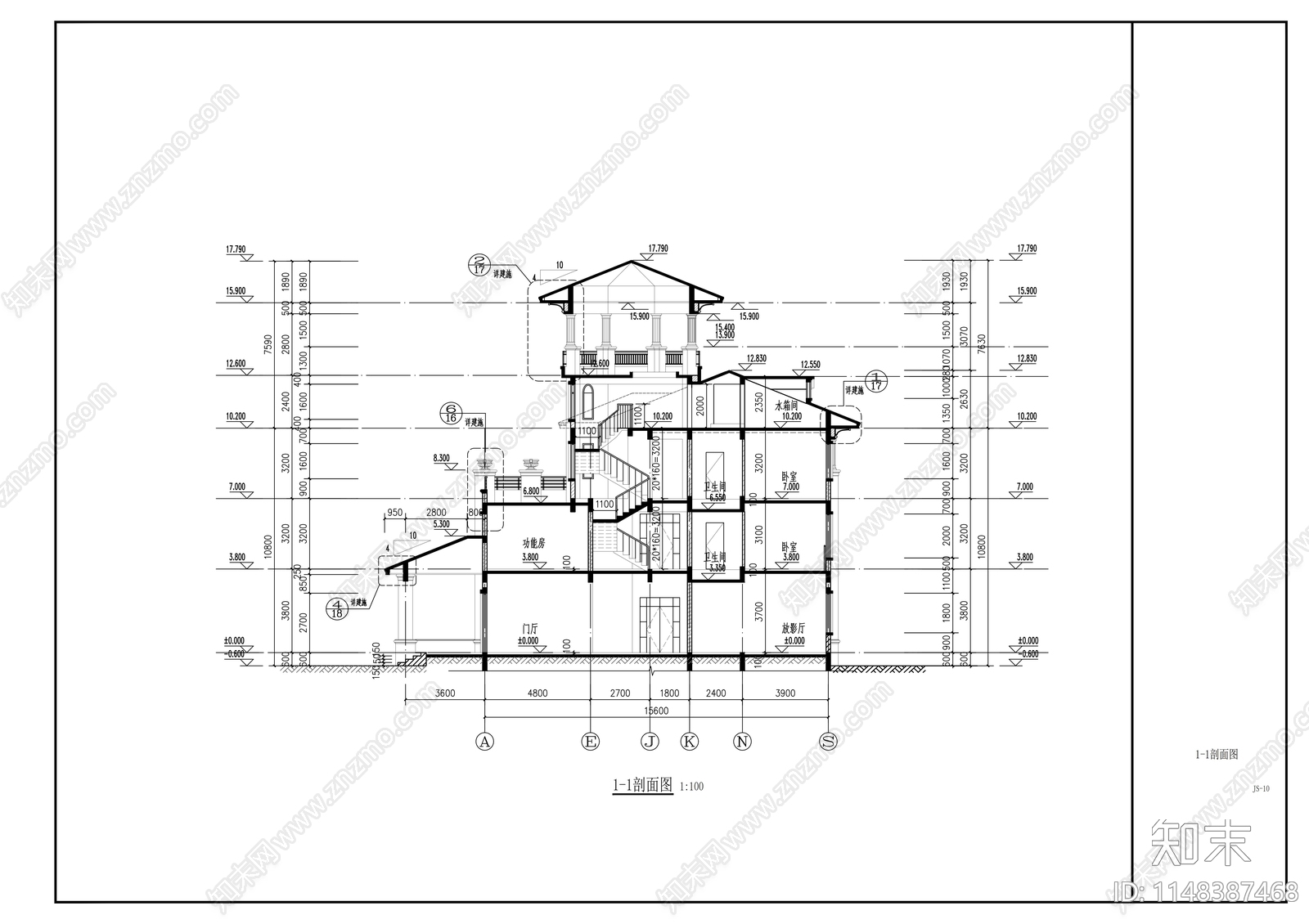 三层欧式豪宅建筑cad施工图下载【ID:1148387468】