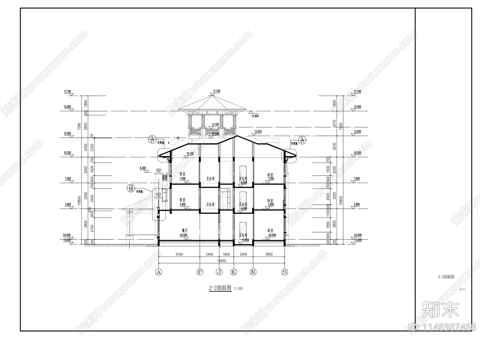 三层欧式豪宅建筑cad施工图下载【ID:1148387468】
