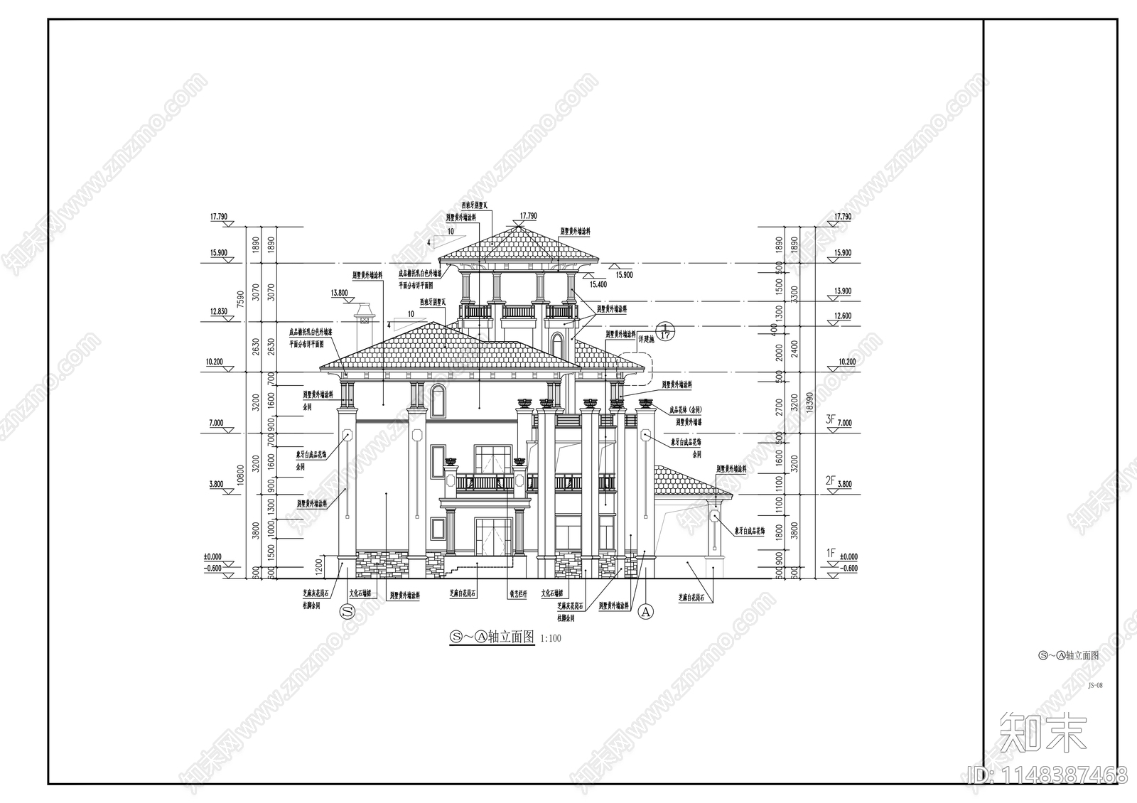 三层欧式豪宅建筑cad施工图下载【ID:1148387468】