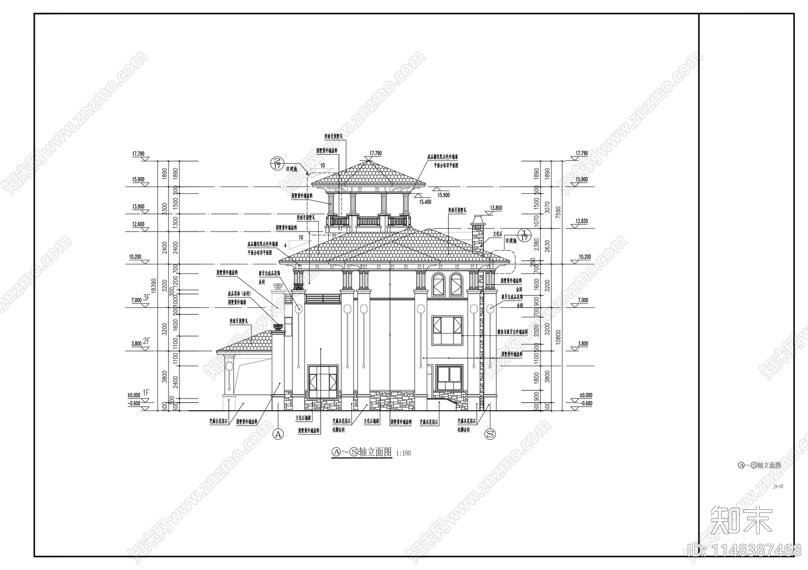 三层欧式豪宅建筑cad施工图下载【ID:1148387468】