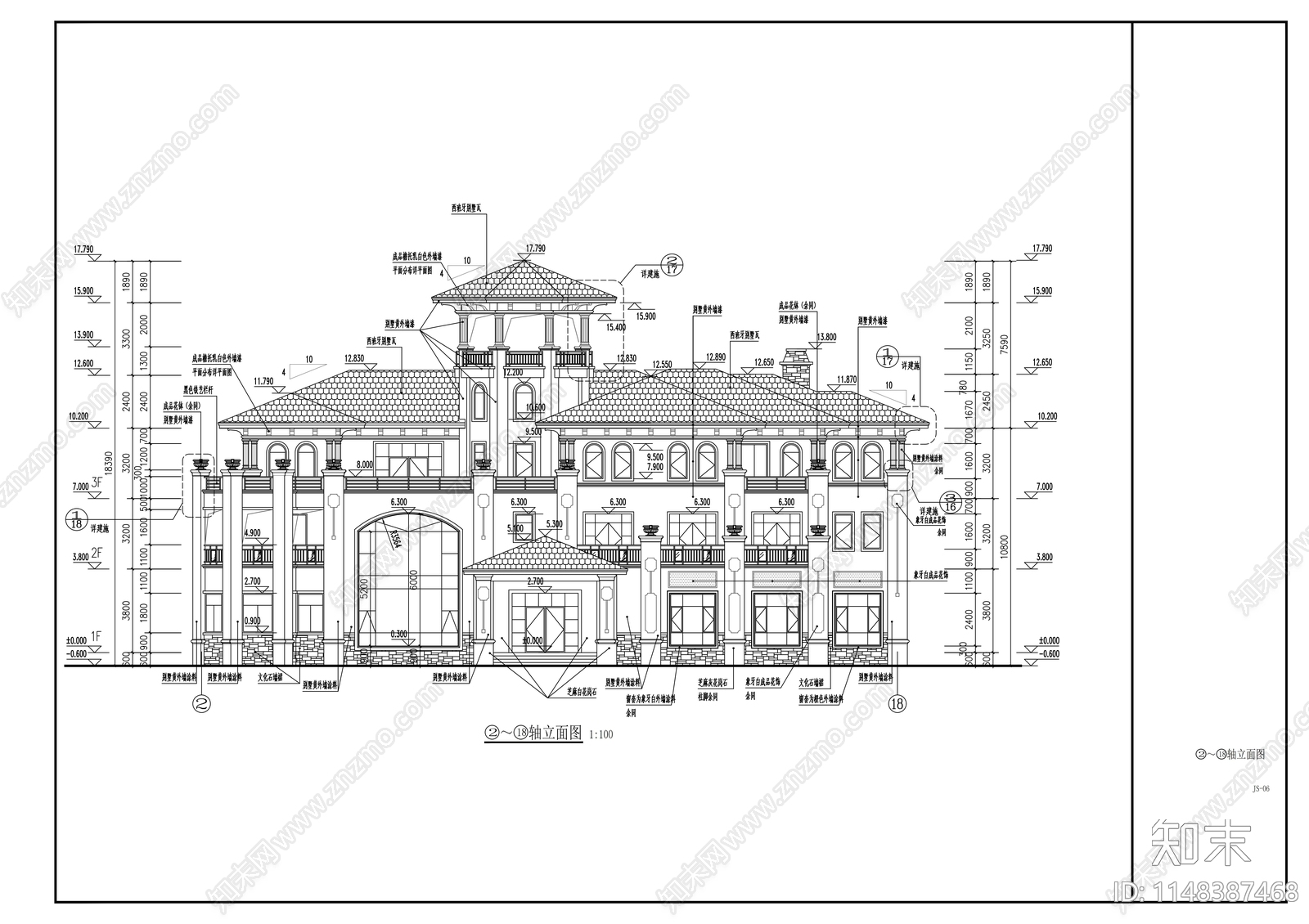 三层欧式豪宅建筑cad施工图下载【ID:1148387468】
