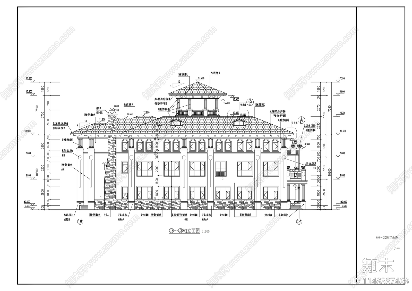 三层欧式豪宅建筑cad施工图下载【ID:1148387468】