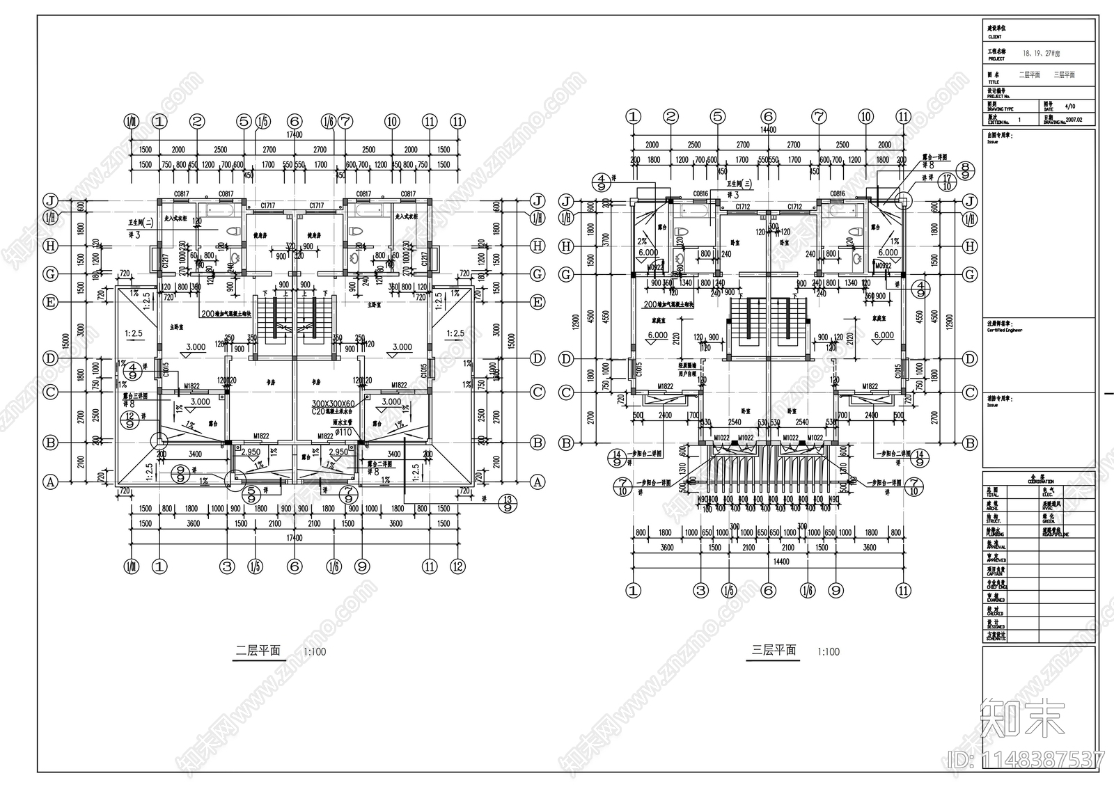 三层双拼别墅建筑cad施工图下载【ID:1148387537】