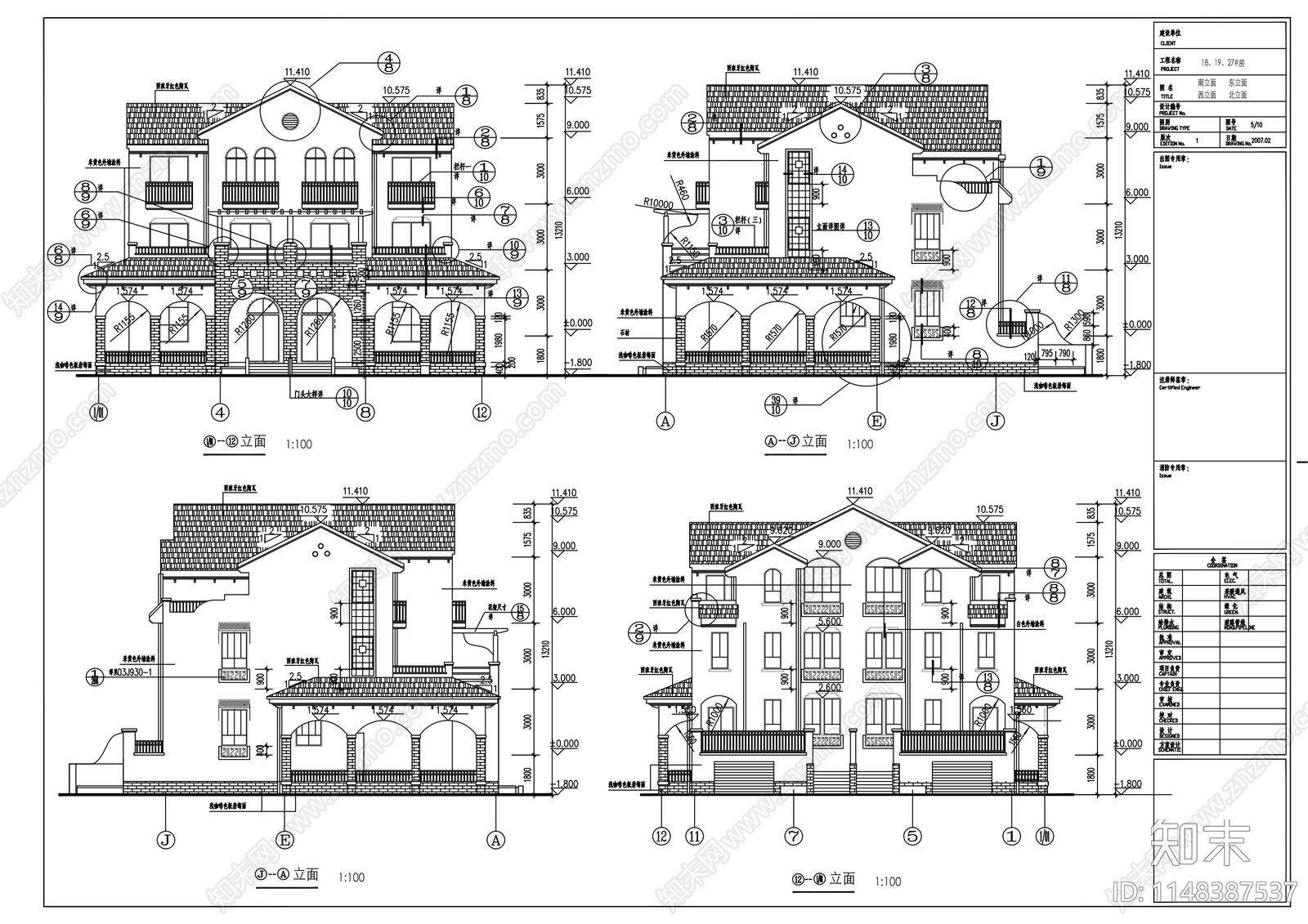 三层双拼别墅建筑cad施工图下载【ID:1148387537】