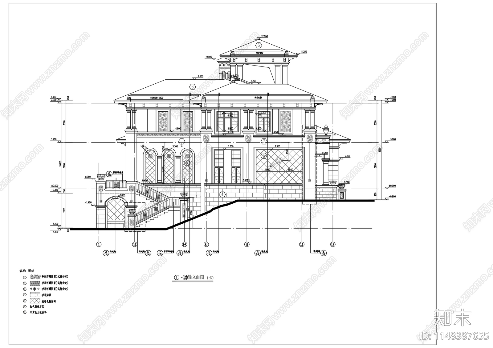 西班牙风格二层别墅建筑cad施工图下载【ID:1148387655】