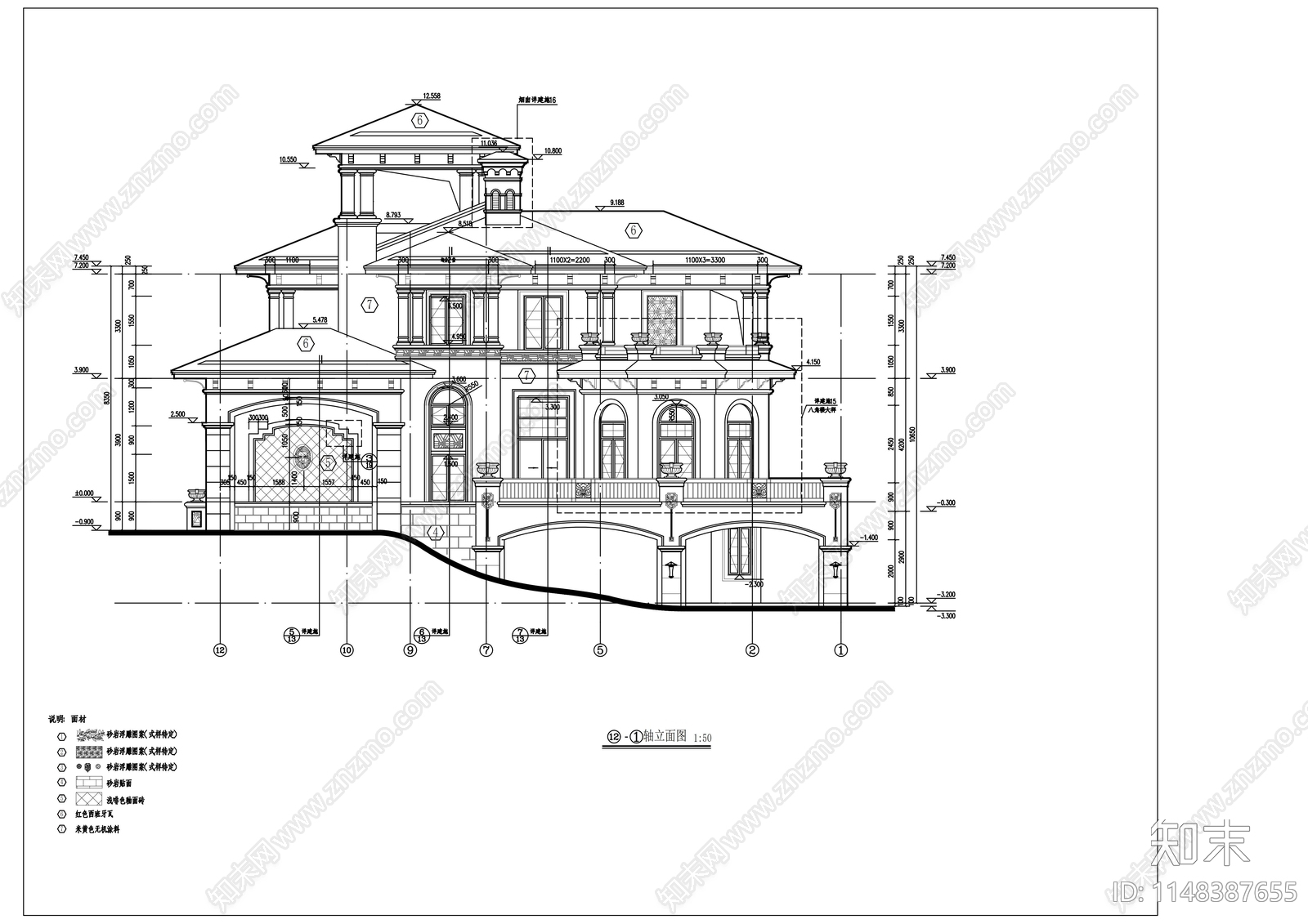 西班牙风格二层别墅建筑cad施工图下载【ID:1148387655】