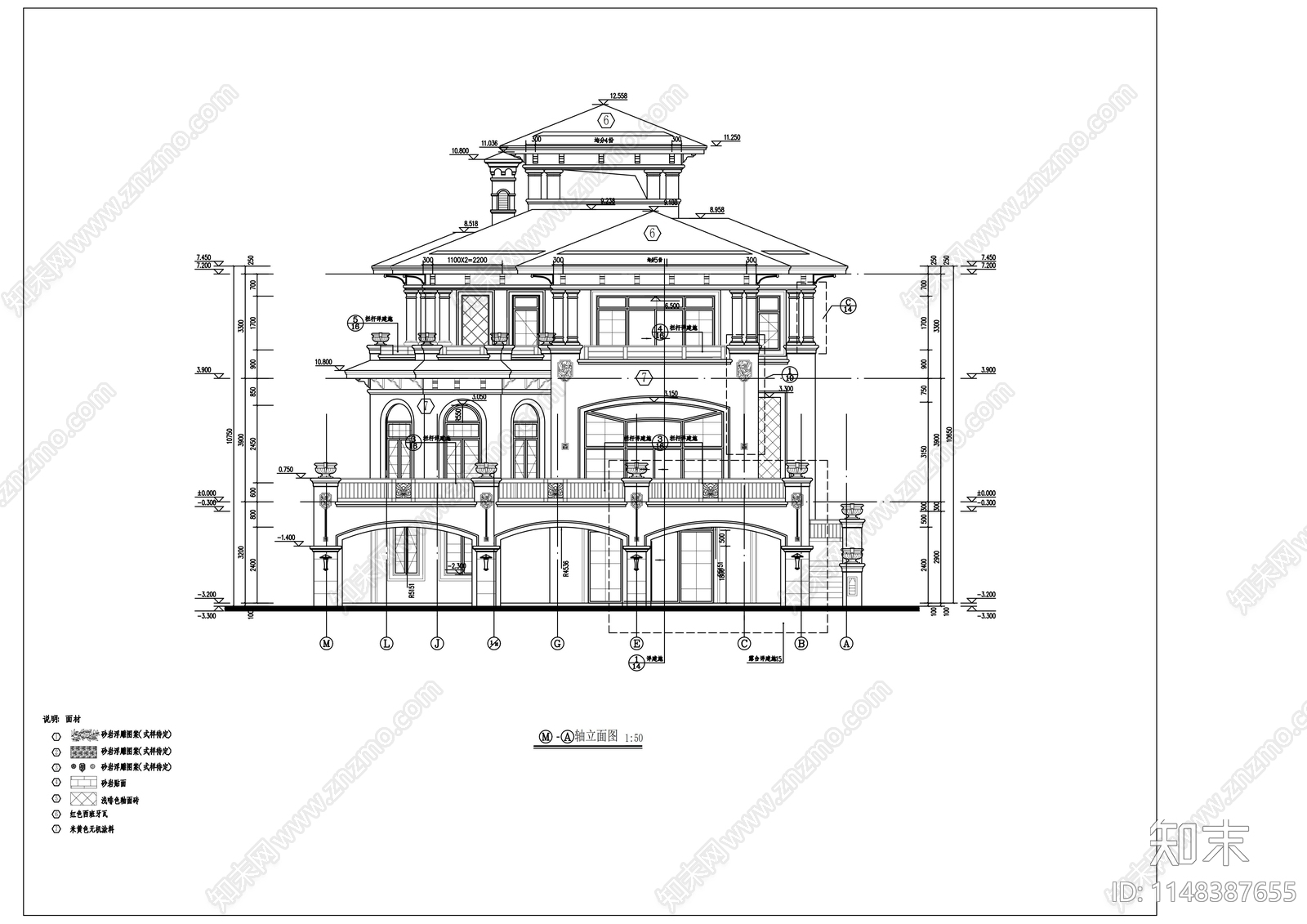 西班牙风格二层别墅建筑cad施工图下载【ID:1148387655】