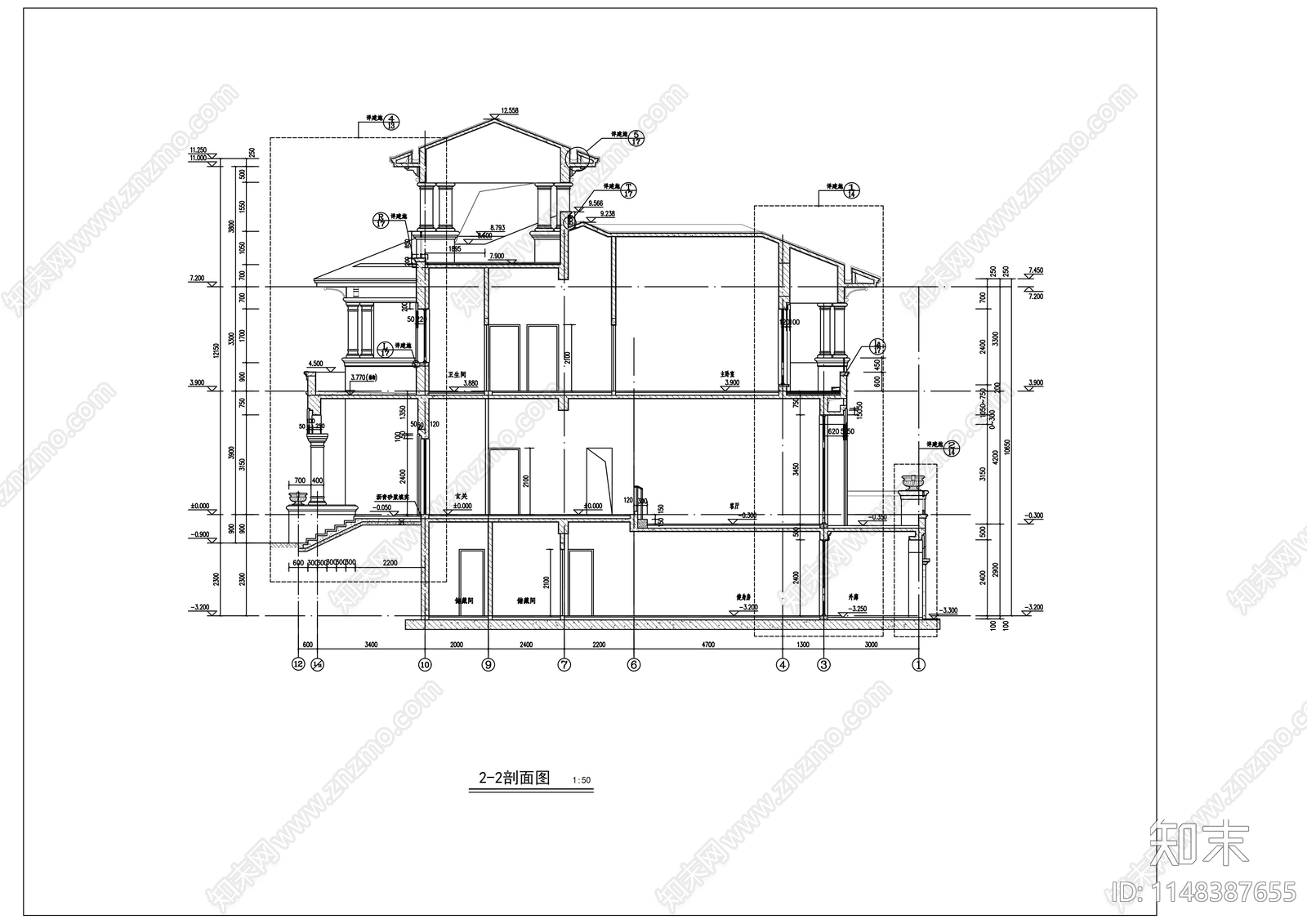 西班牙风格二层别墅建筑cad施工图下载【ID:1148387655】