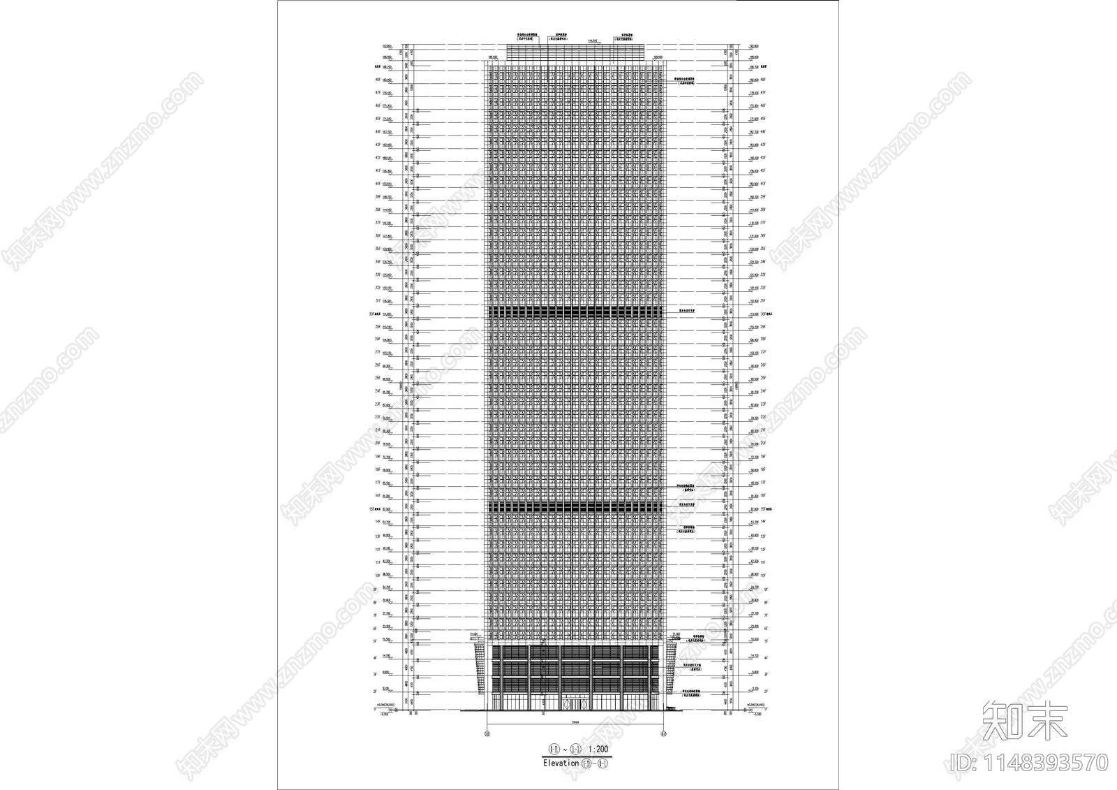 四十八层商务办公楼建筑cad施工图下载【ID:1148393570】