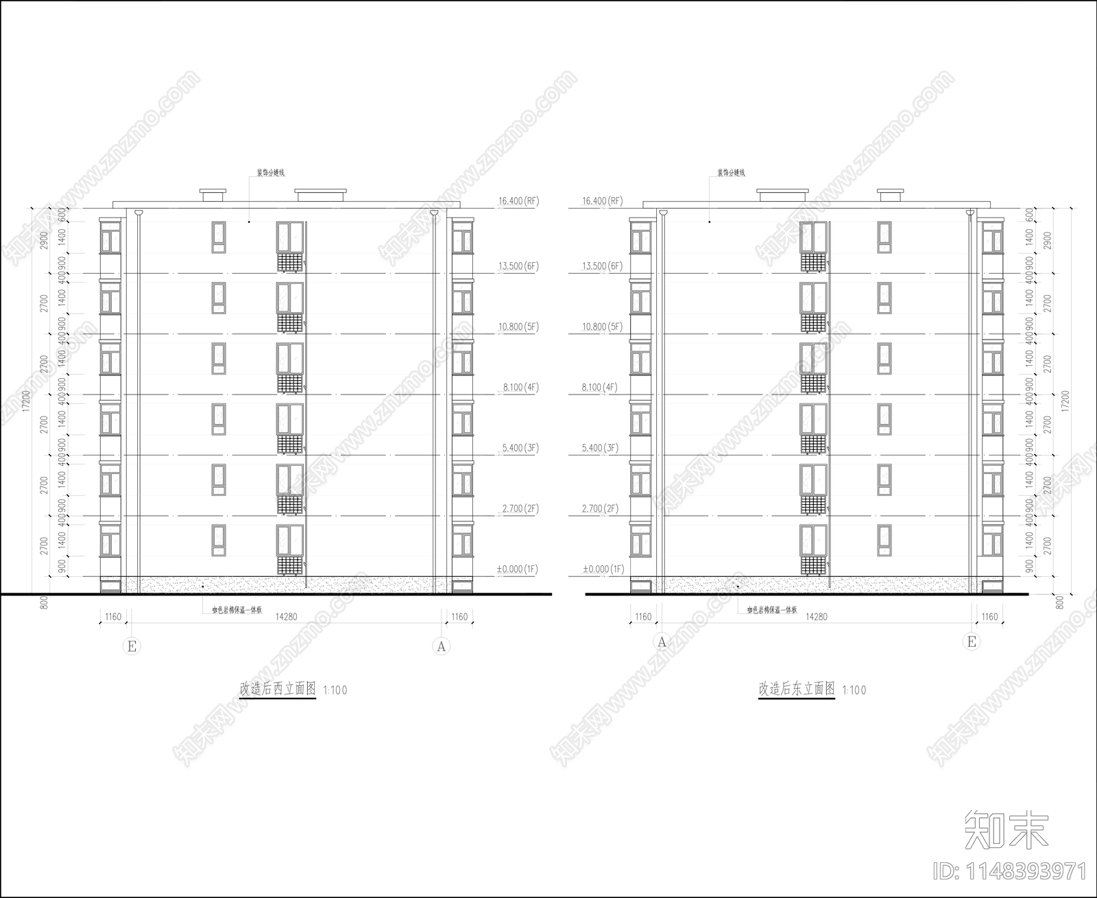 六层住宅楼老旧小区改造建筑cad施工图下载【ID:1148393971】