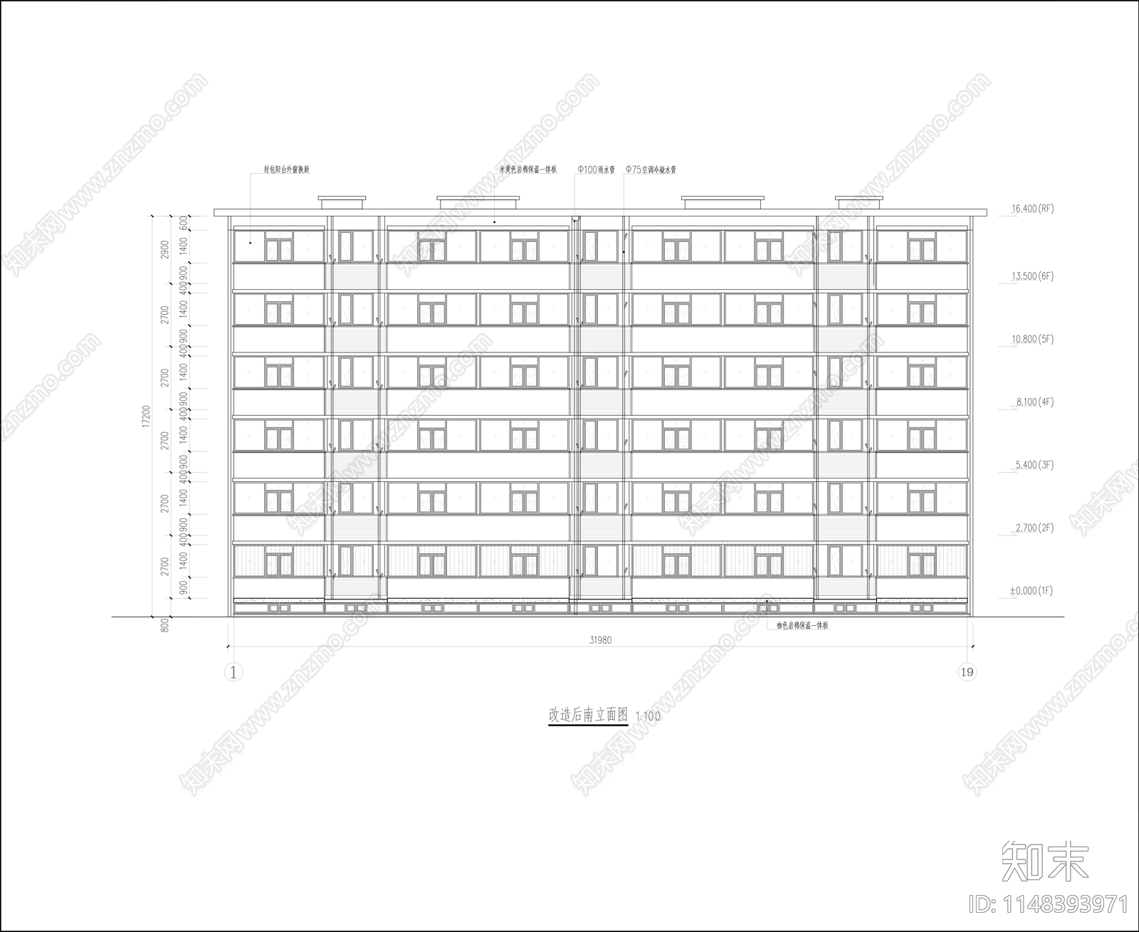 六层住宅楼老旧小区改造建筑cad施工图下载【ID:1148393971】