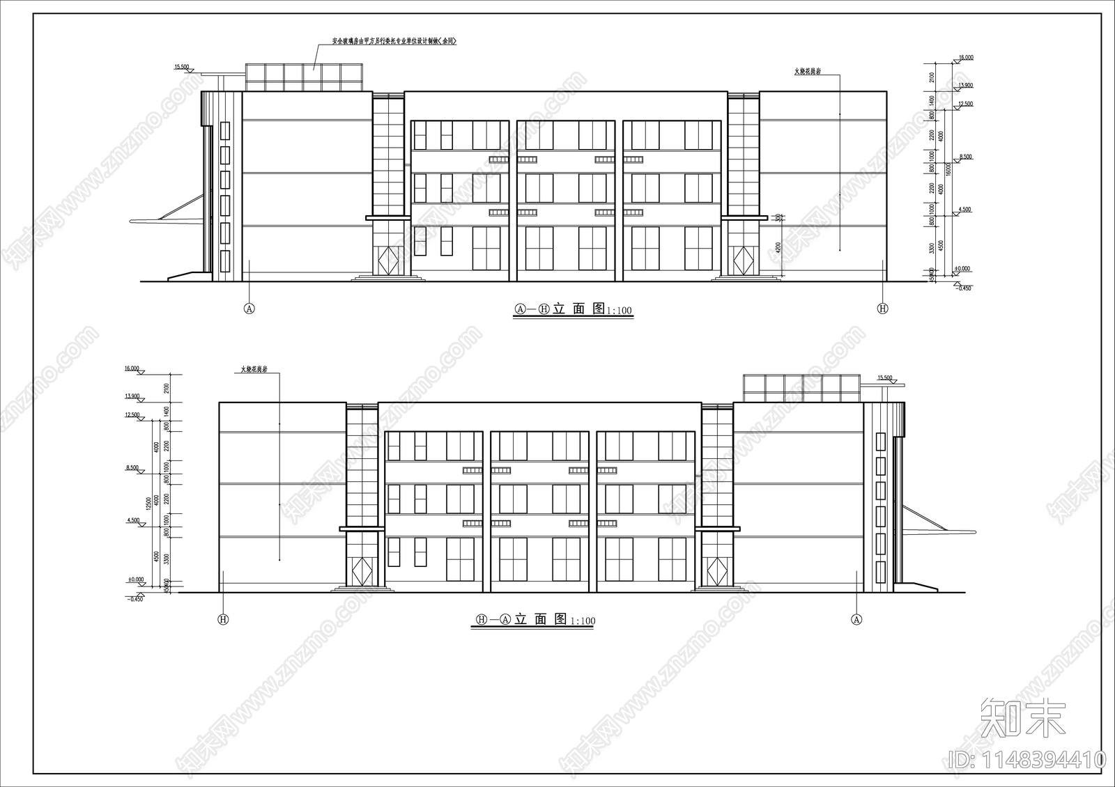 回型3层现代风格办公楼建筑cad施工图下载【ID:1148394410】