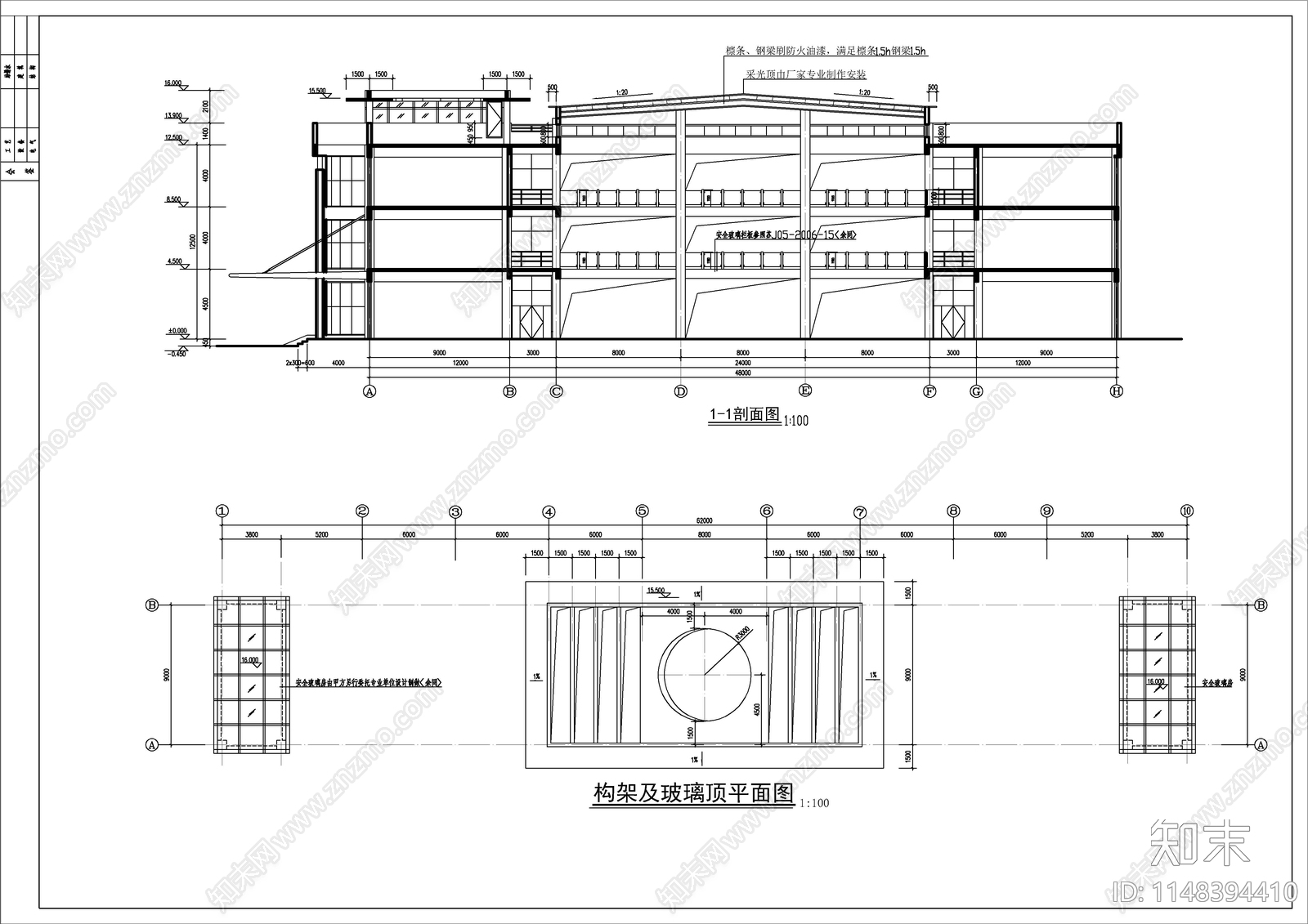 回型3层现代风格办公楼建筑cad施工图下载【ID:1148394410】