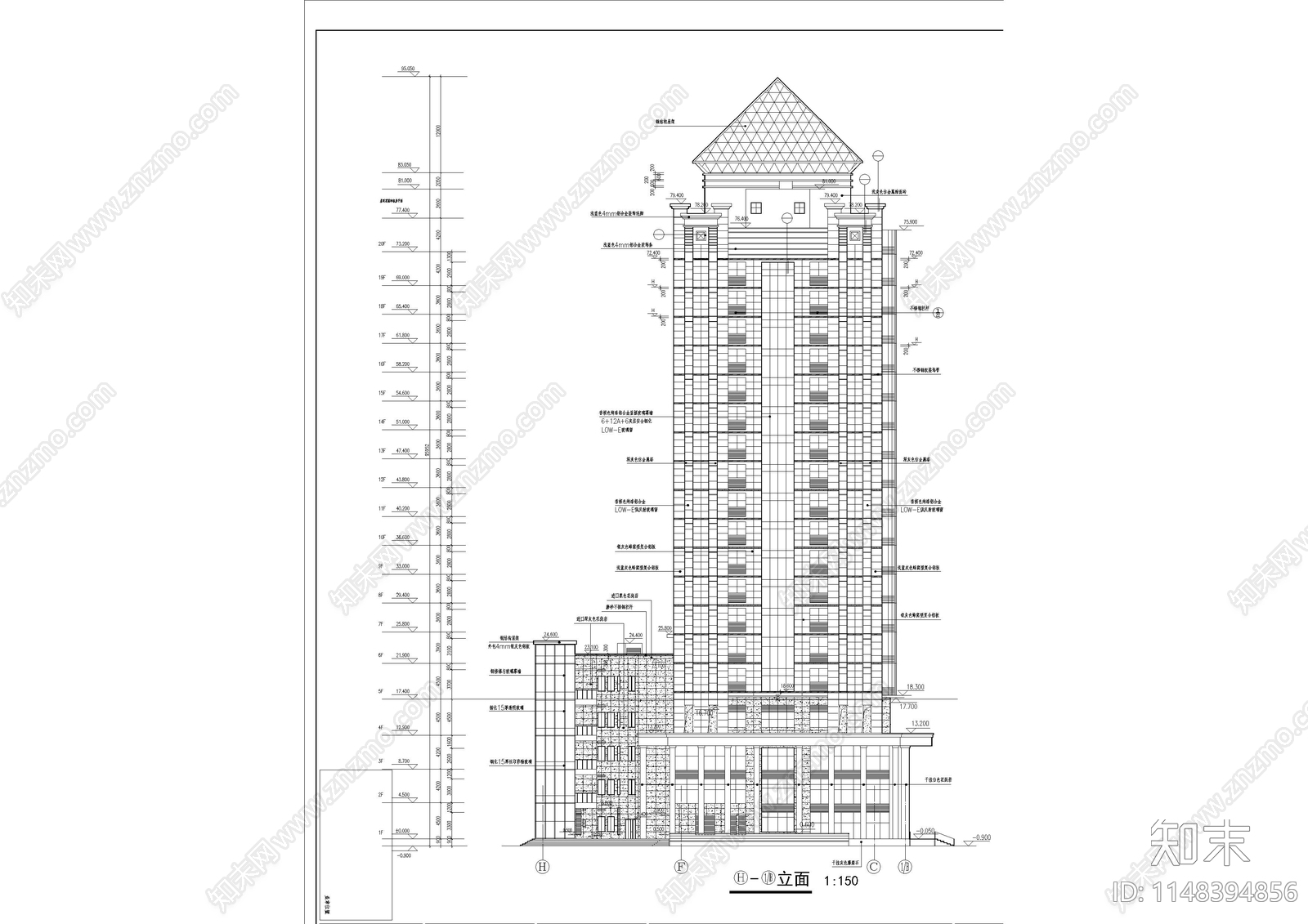 二十层办公楼建筑cad施工图下载【ID:1148394856】