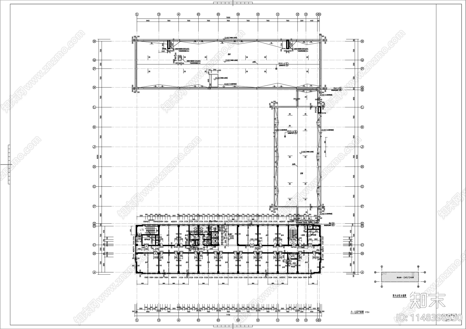 7层大型办公楼建筑cad施工图下载【ID:1148398530】