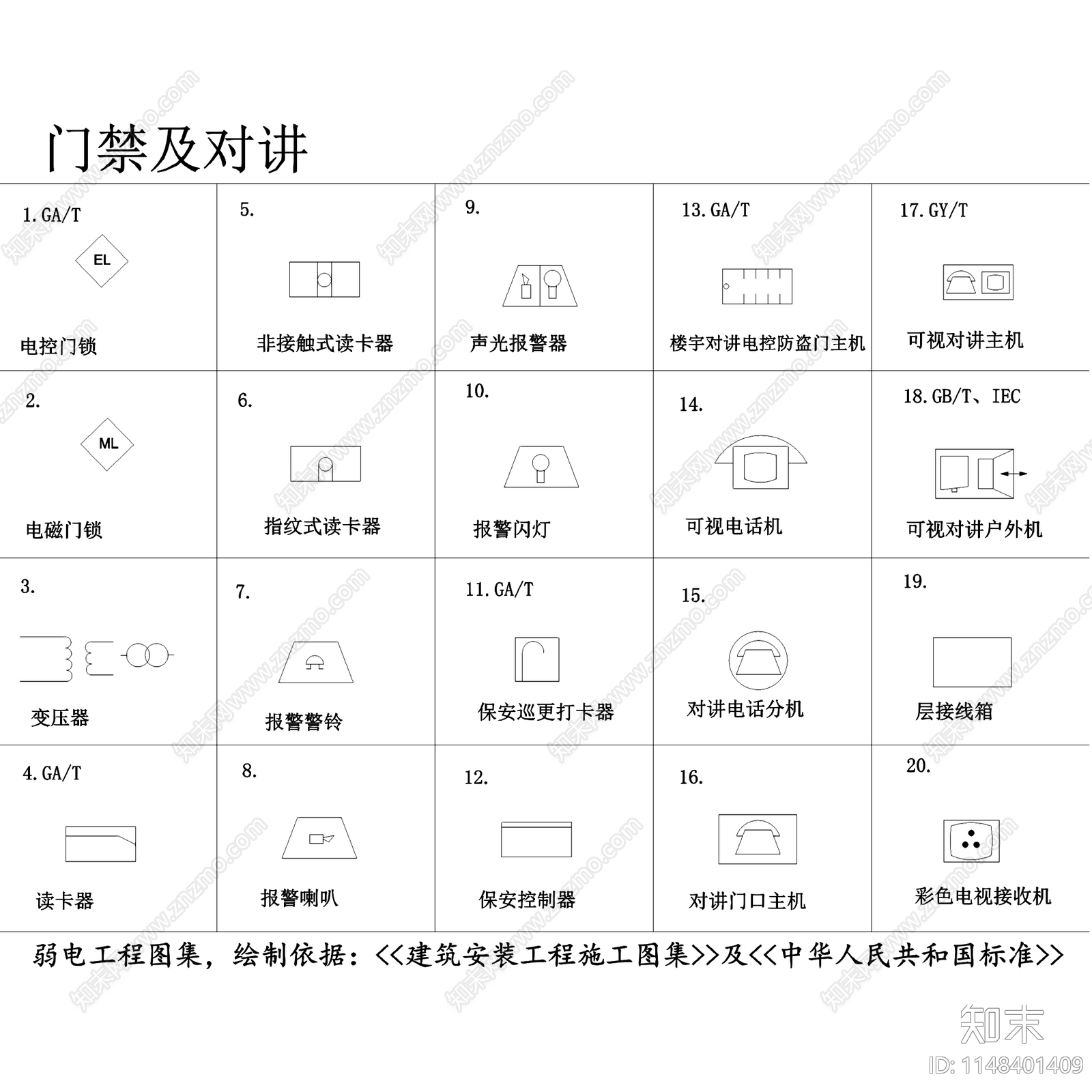 弱电工程常用图形符号图例cad施工图下载【ID:1148401409】