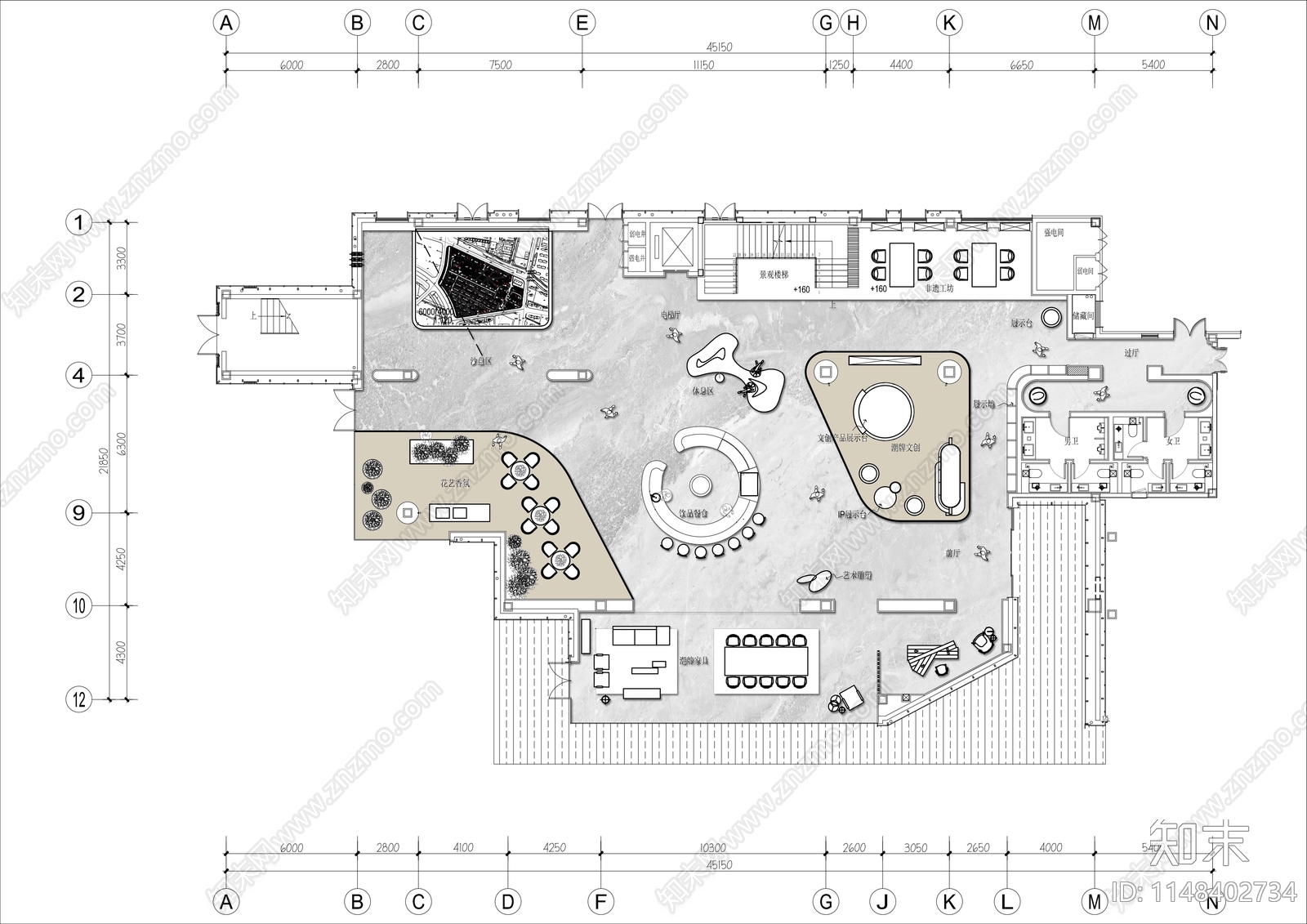 售楼部接待大厅室内平面图施工图下载【ID:1148402734】