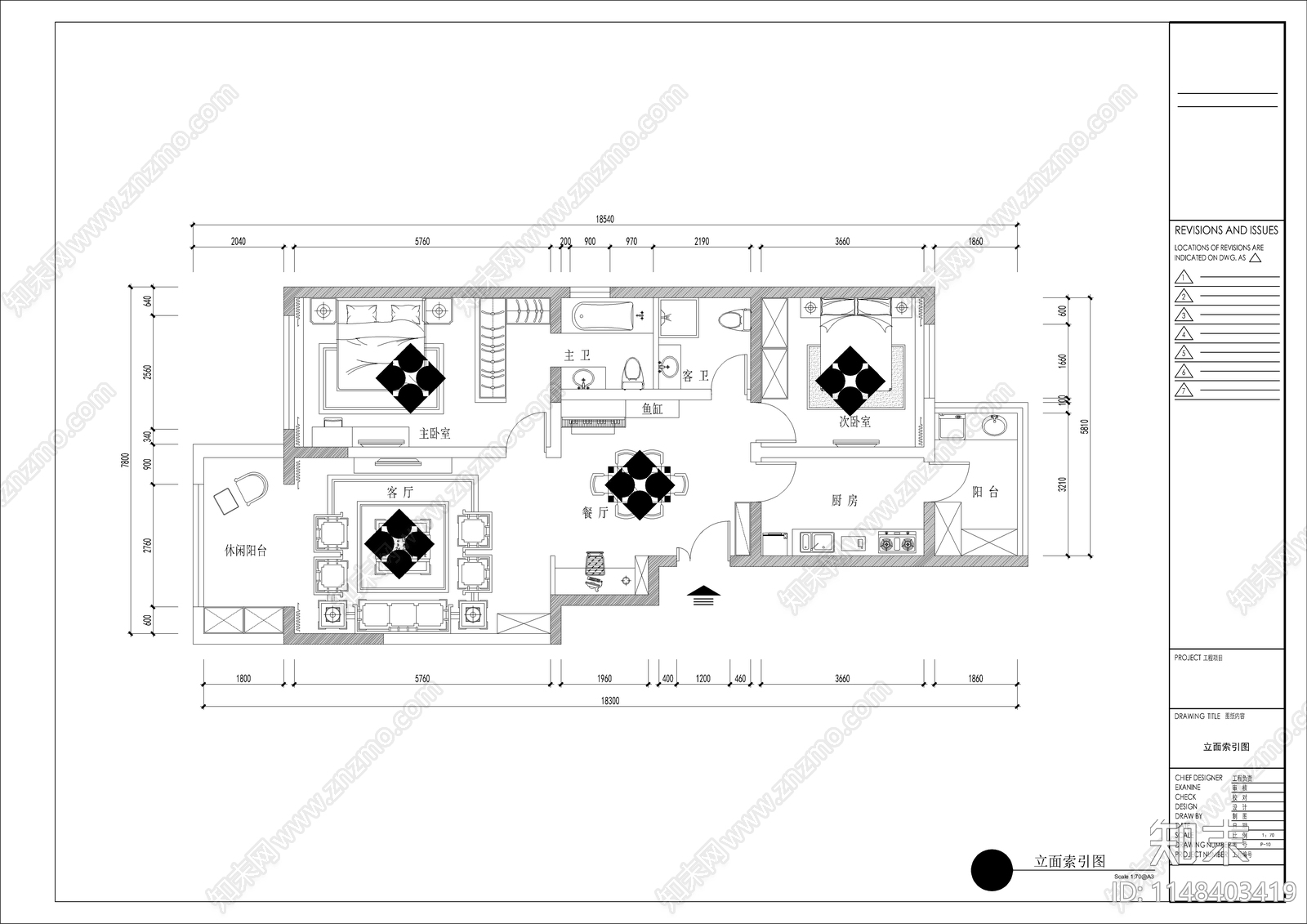 中式两房平层家装cad施工图下载【ID:1148403419】