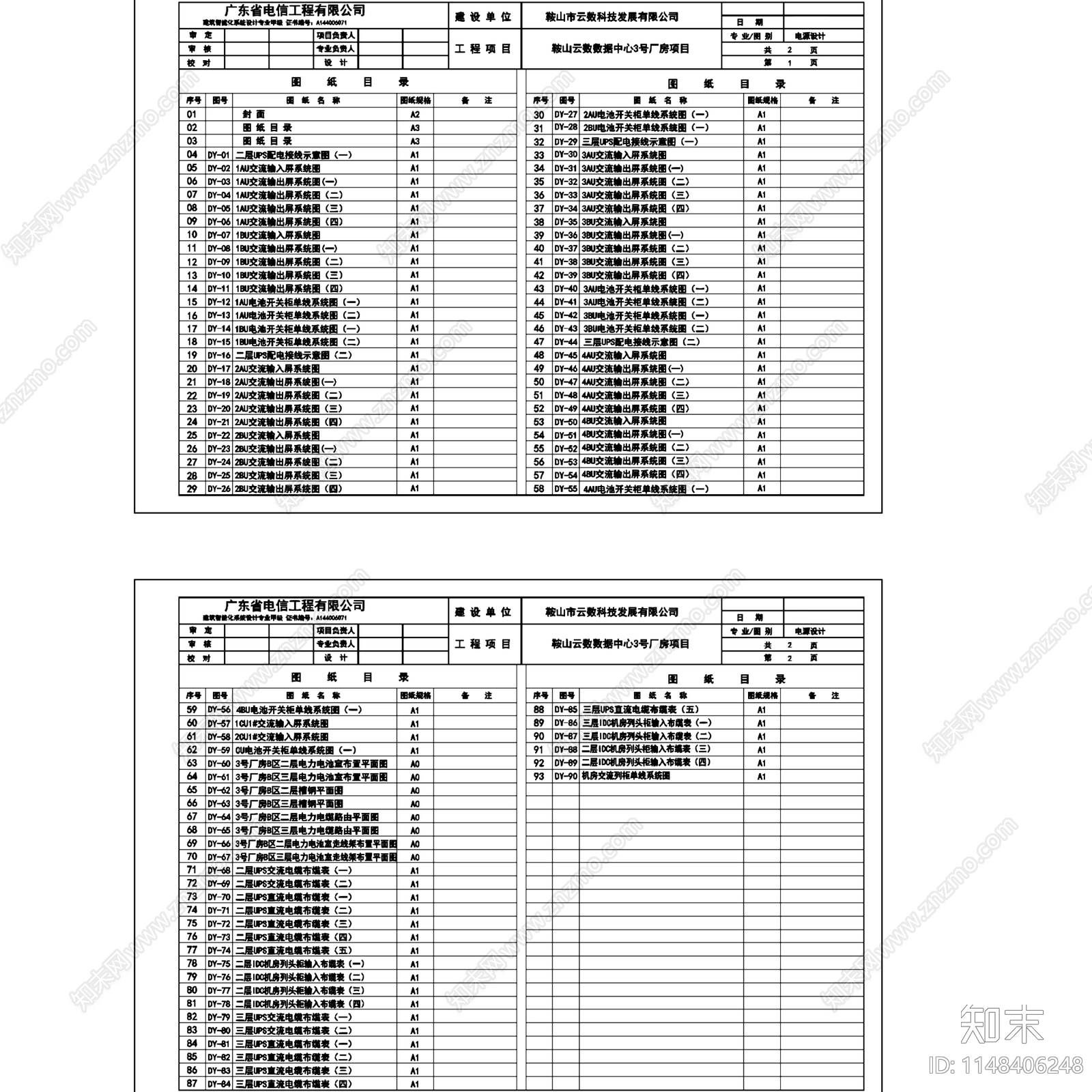 鞍山云数数据中心3号厂房电源设计cad施工图下载【ID:1148406248】