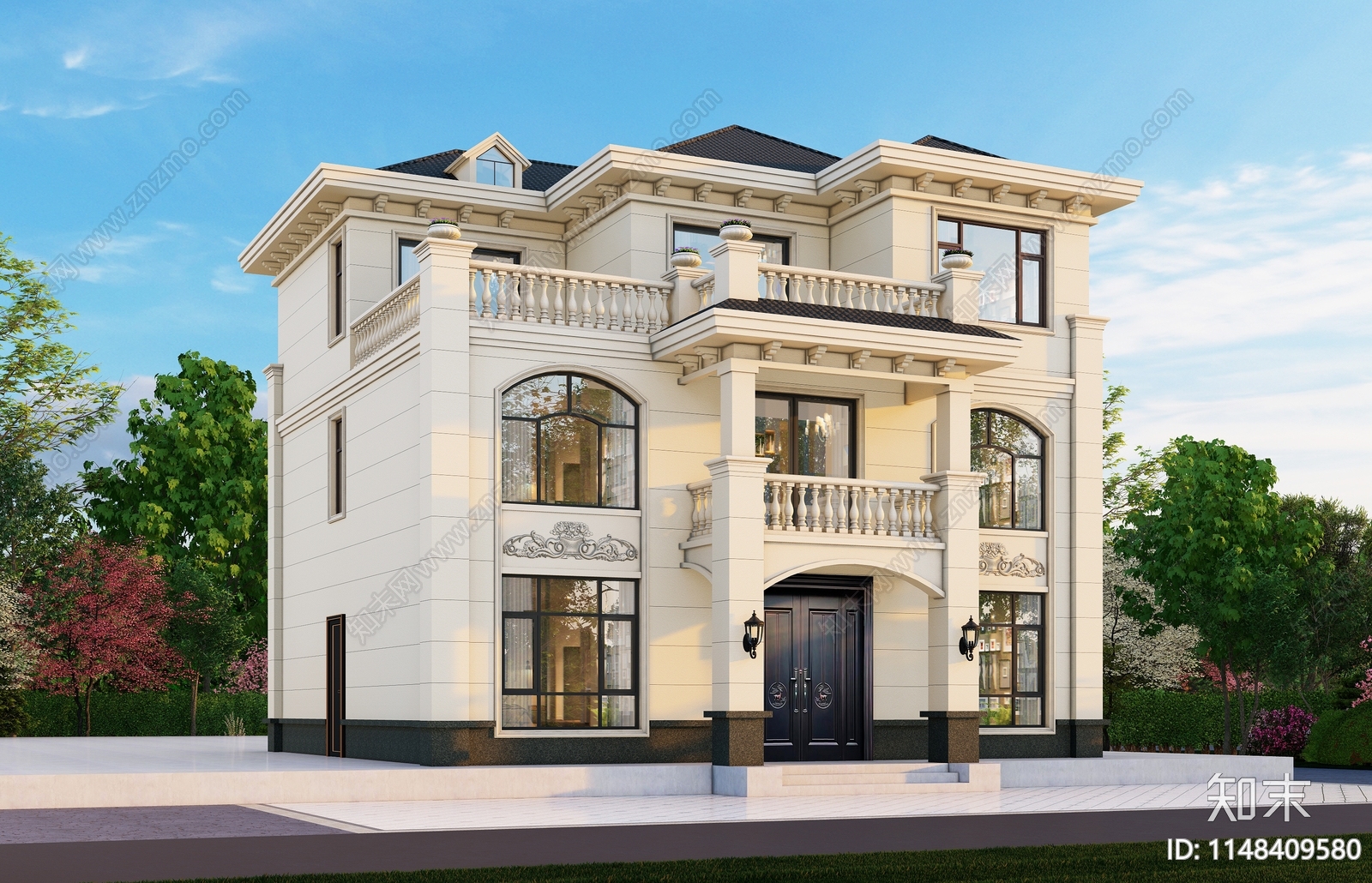 欧式三层独栋别墅建筑施工图下载【ID:1148409580】