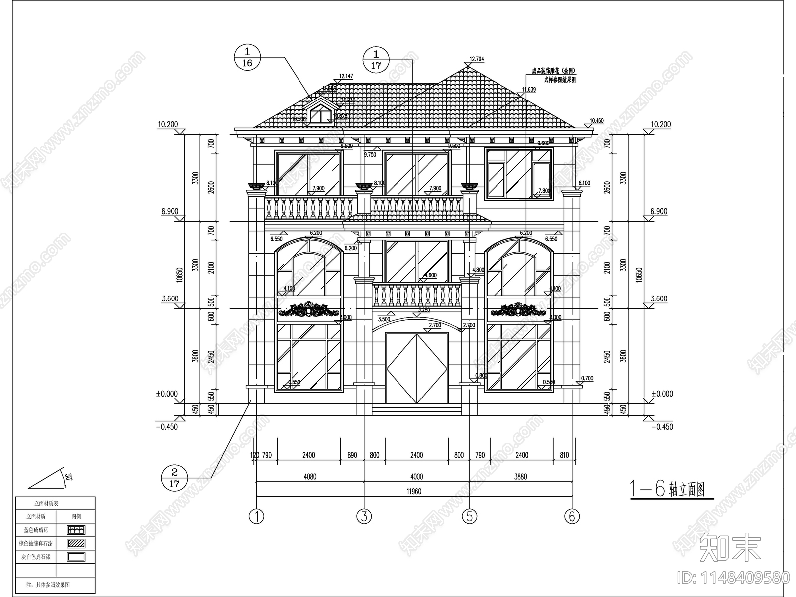 欧式三层独栋别墅建筑cad施工图下载【ID:1148409580】