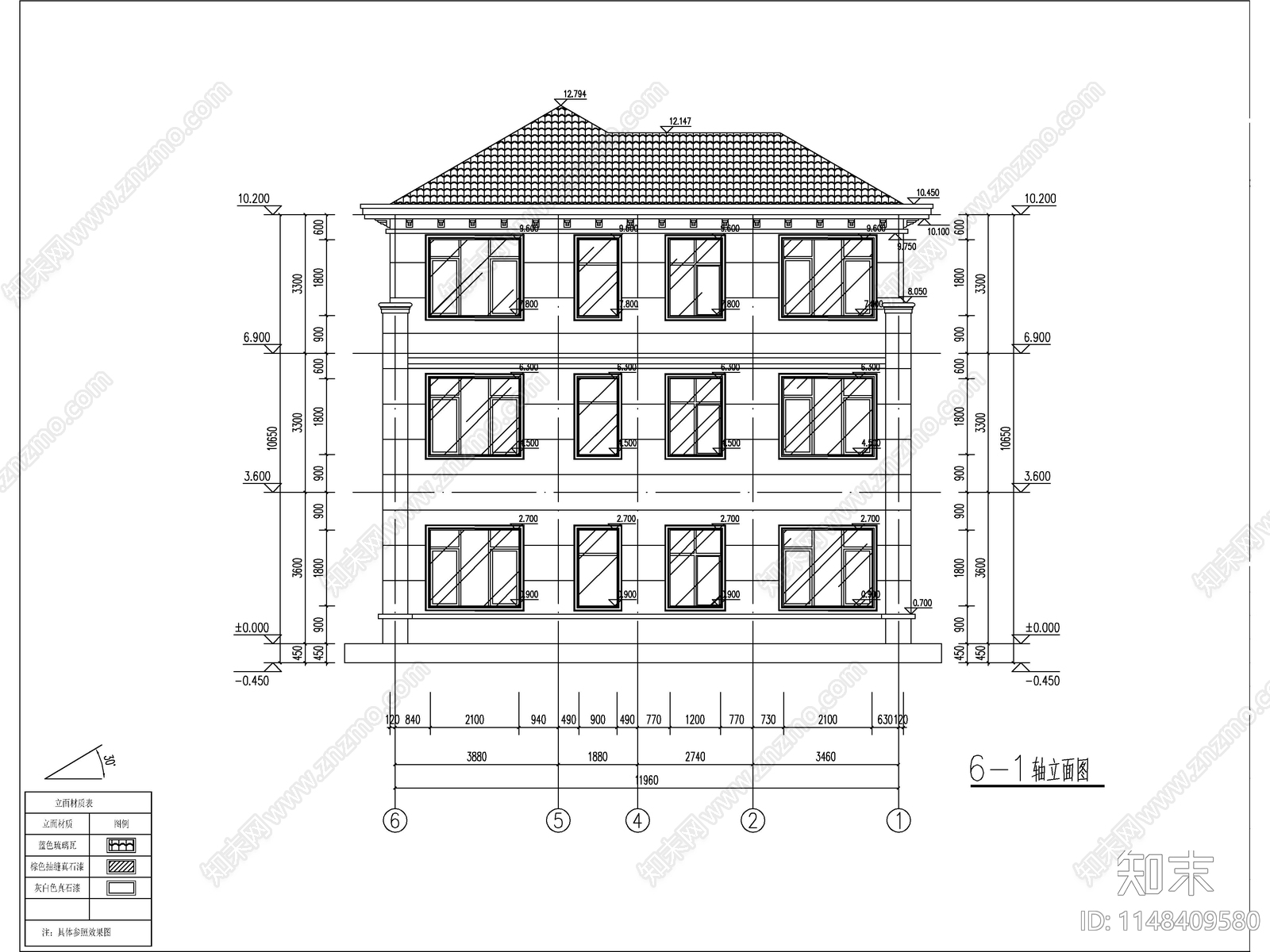 欧式三层独栋别墅建筑cad施工图下载【ID:1148409580】