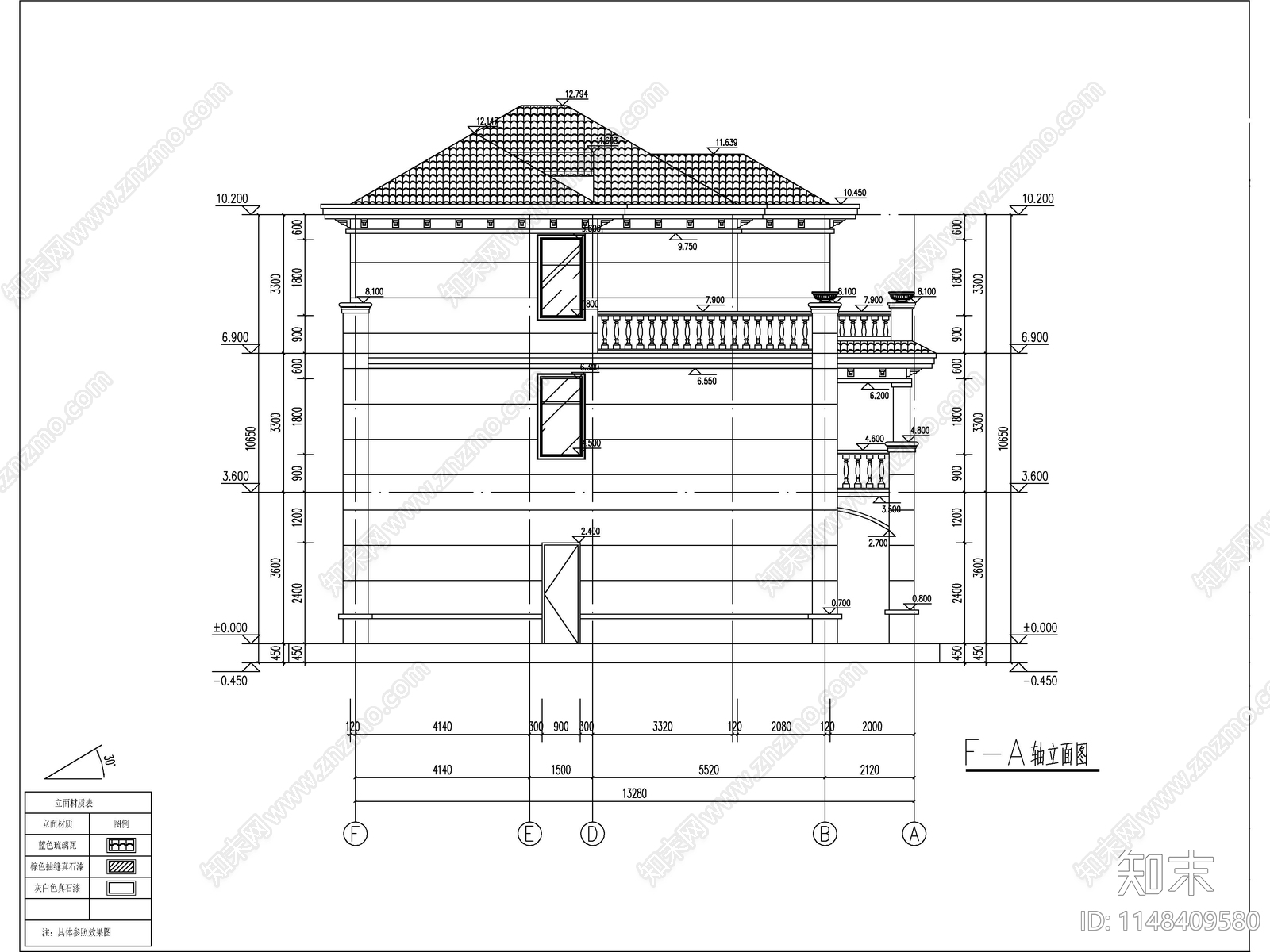 欧式三层独栋别墅建筑cad施工图下载【ID:1148409580】