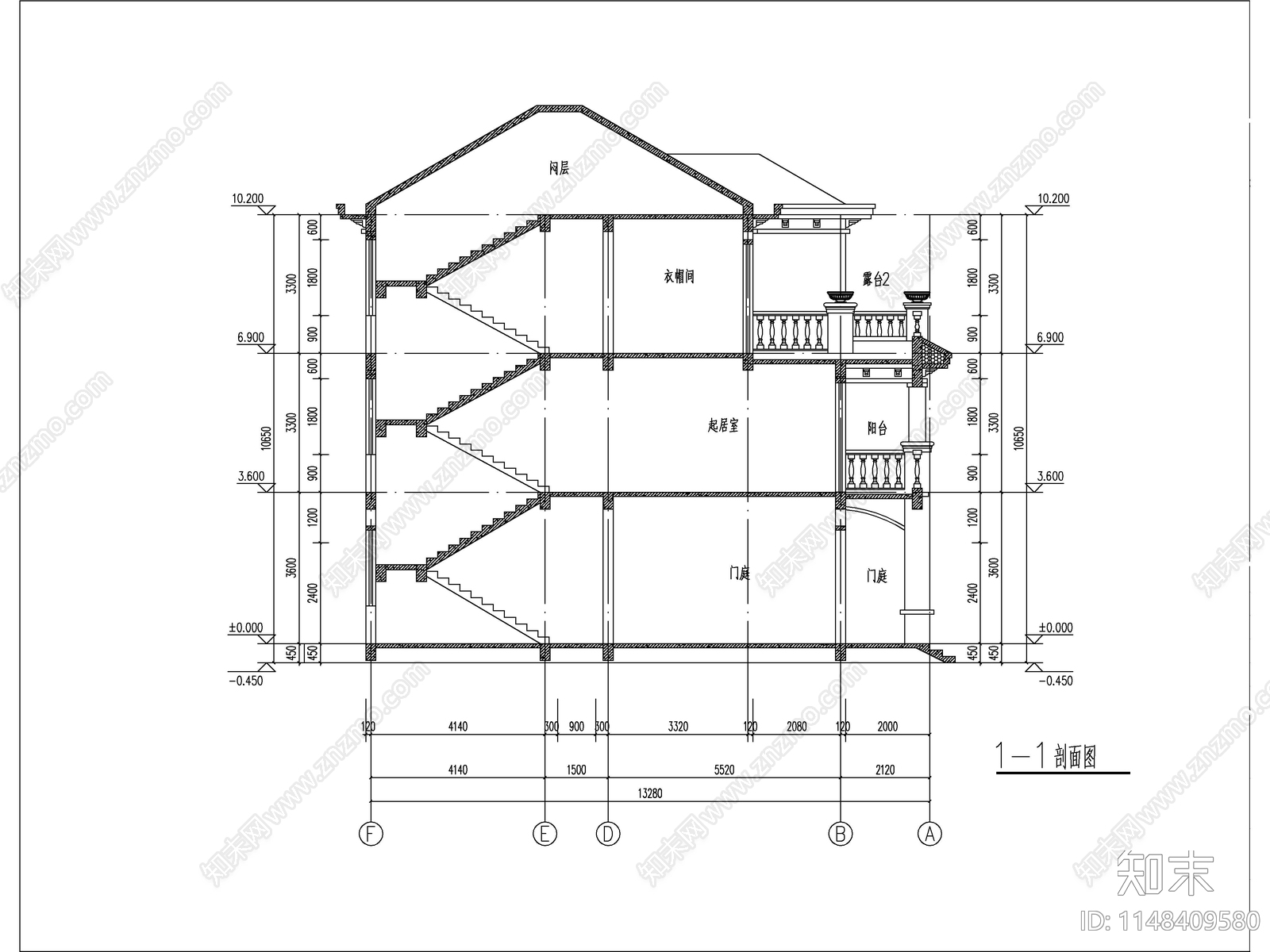 欧式三层独栋别墅建筑cad施工图下载【ID:1148409580】