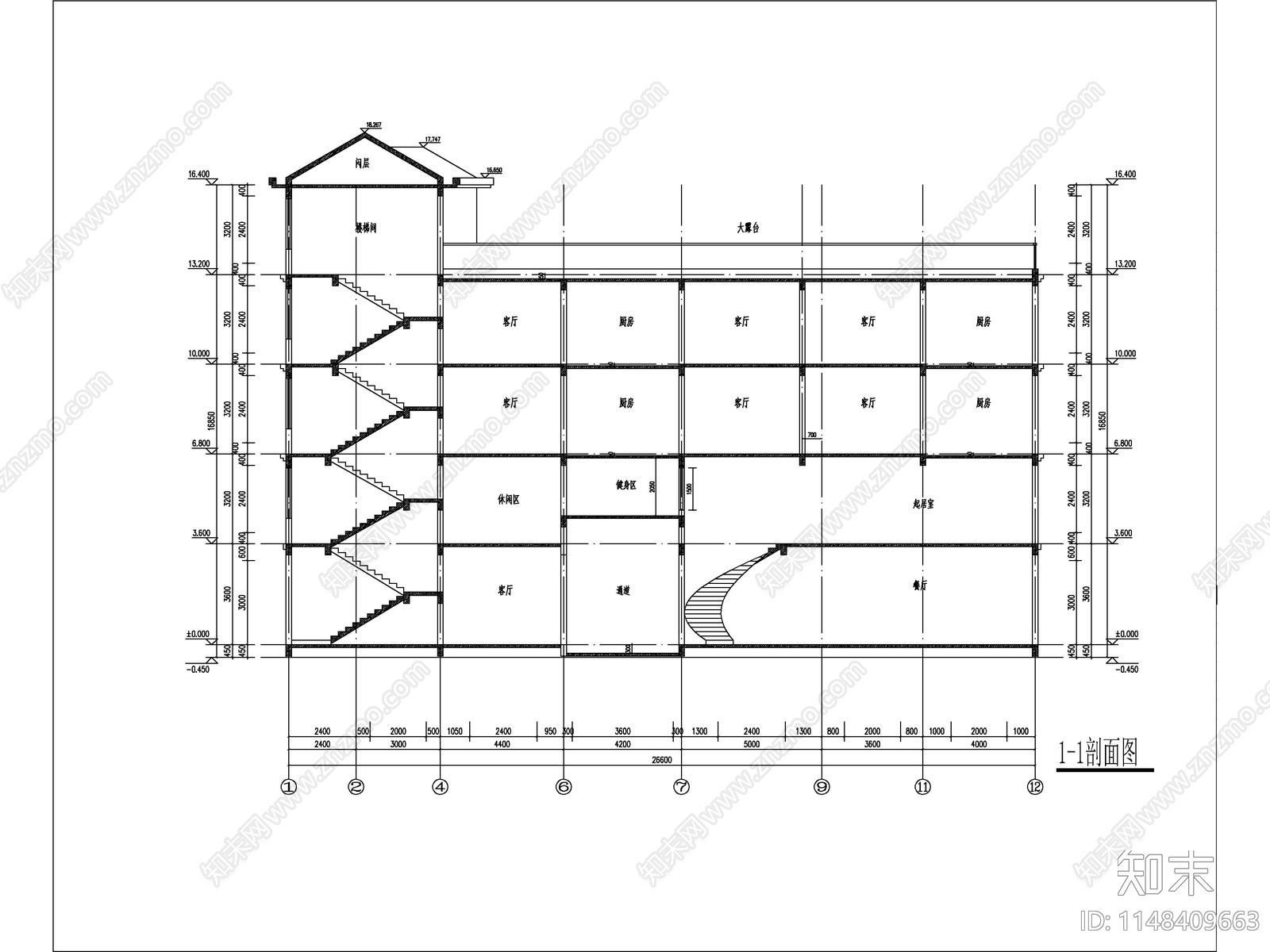 现代五层独栋别墅建筑cad施工图下载【ID:1148409663】