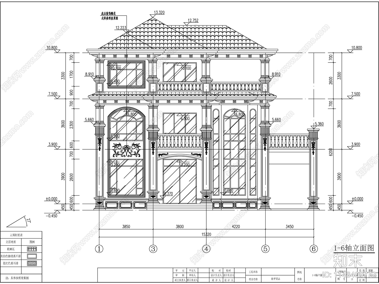 欧式三层独栋别墅建筑施工图下载【ID:1148409772】