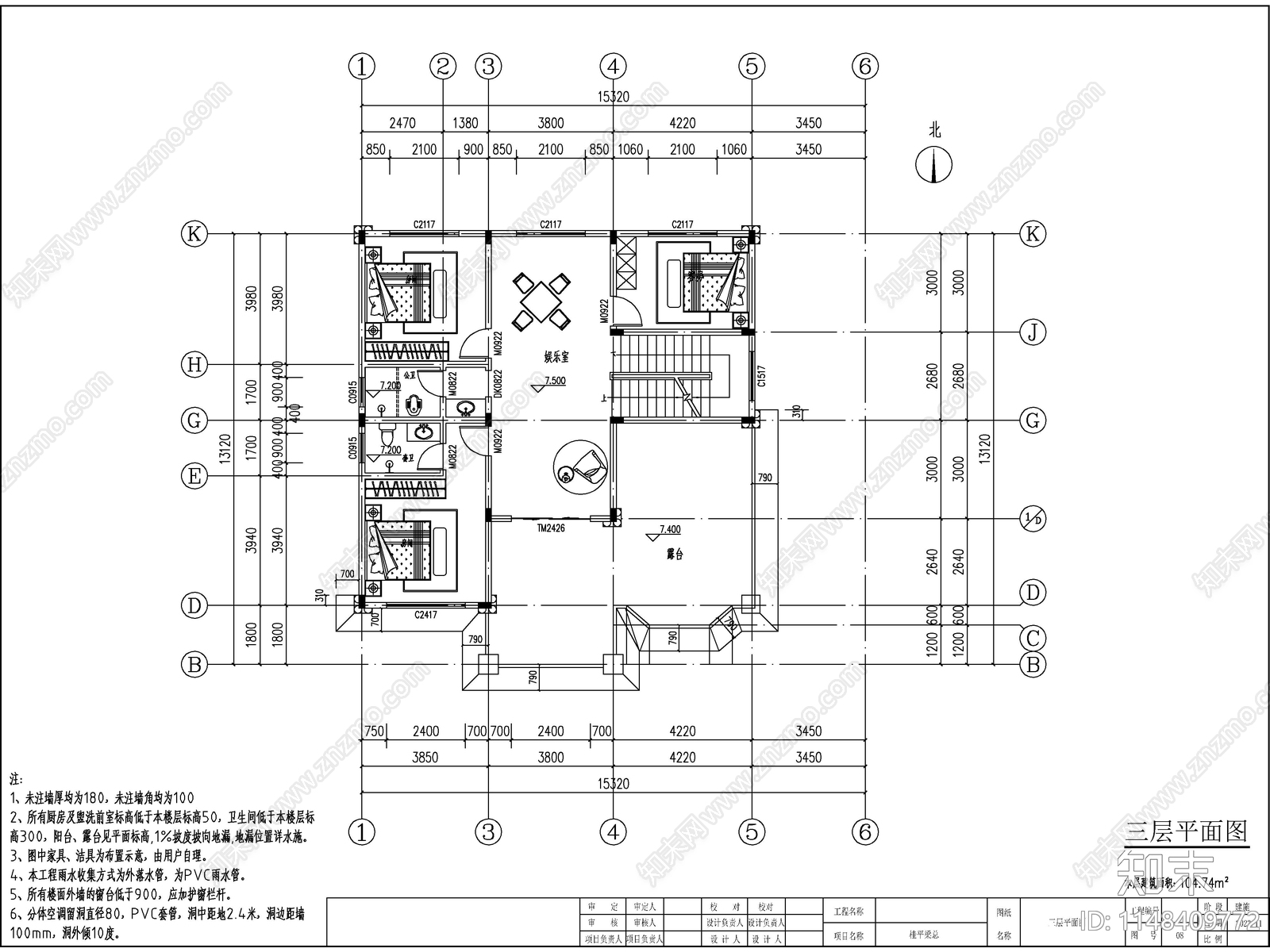 欧式三层独栋别墅建筑施工图下载【ID:1148409772】