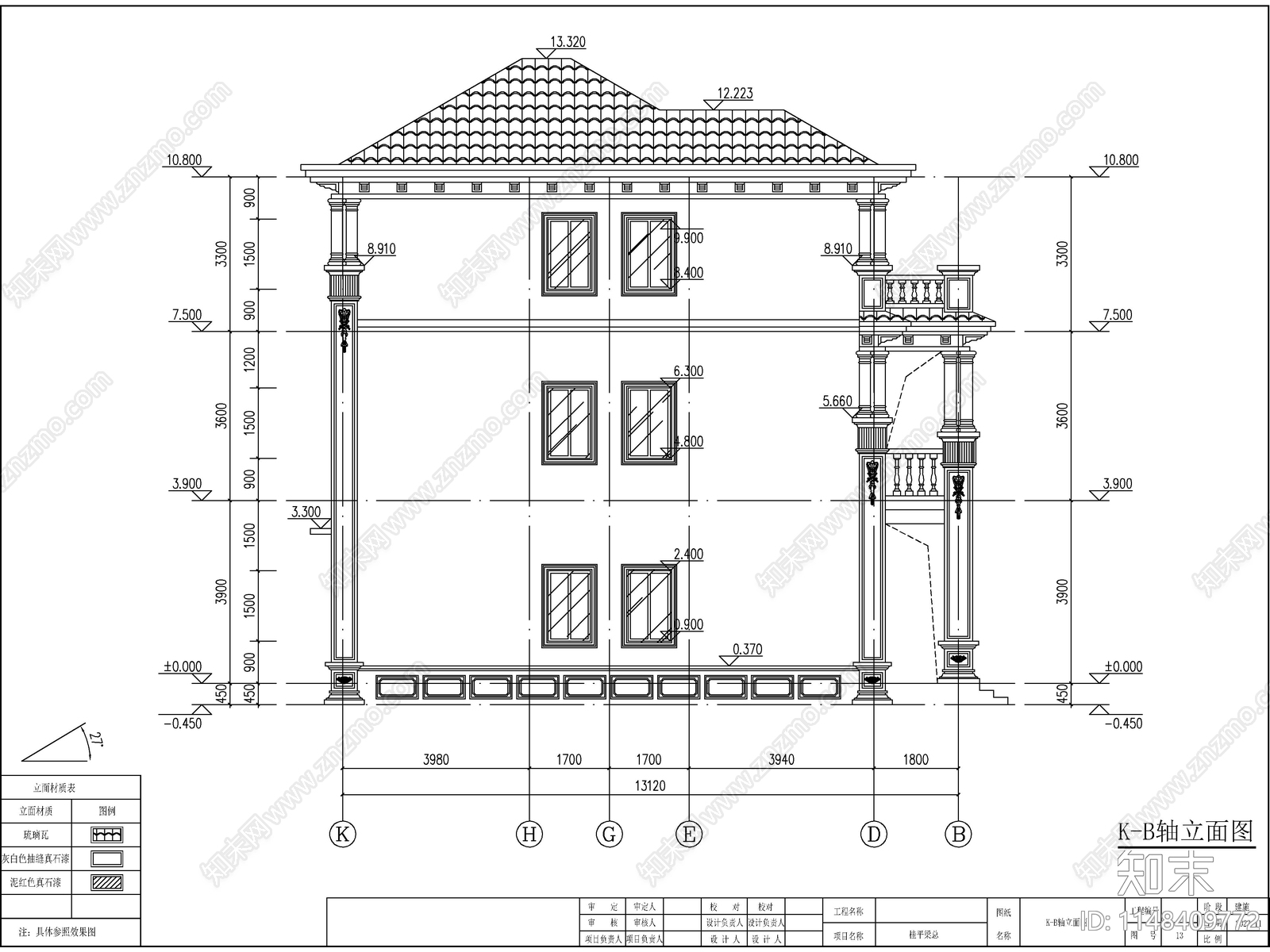 欧式三层独栋别墅建筑施工图下载【ID:1148409772】