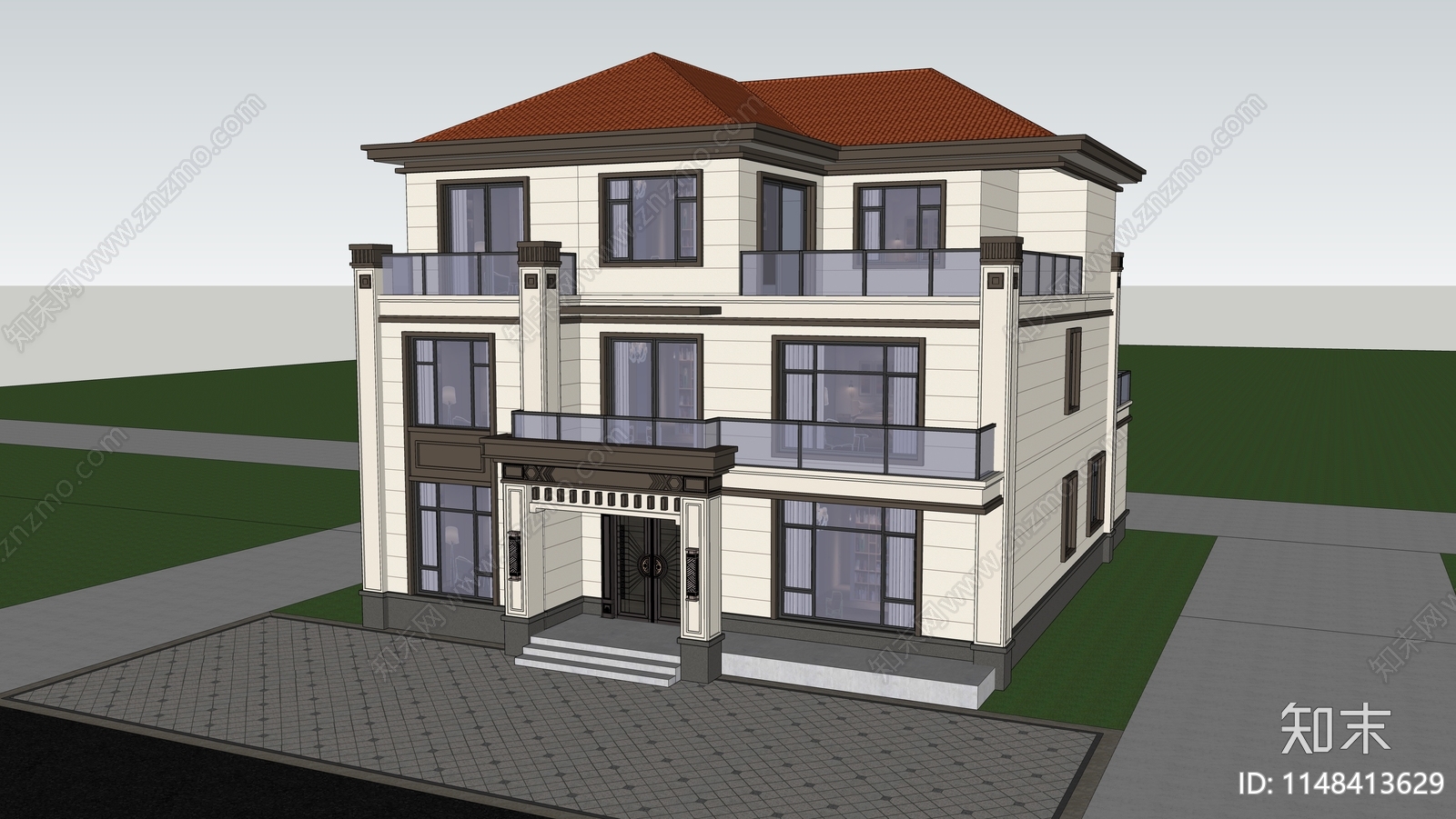 新中式三层独栋别墅SU模型下载【ID:1148413629】