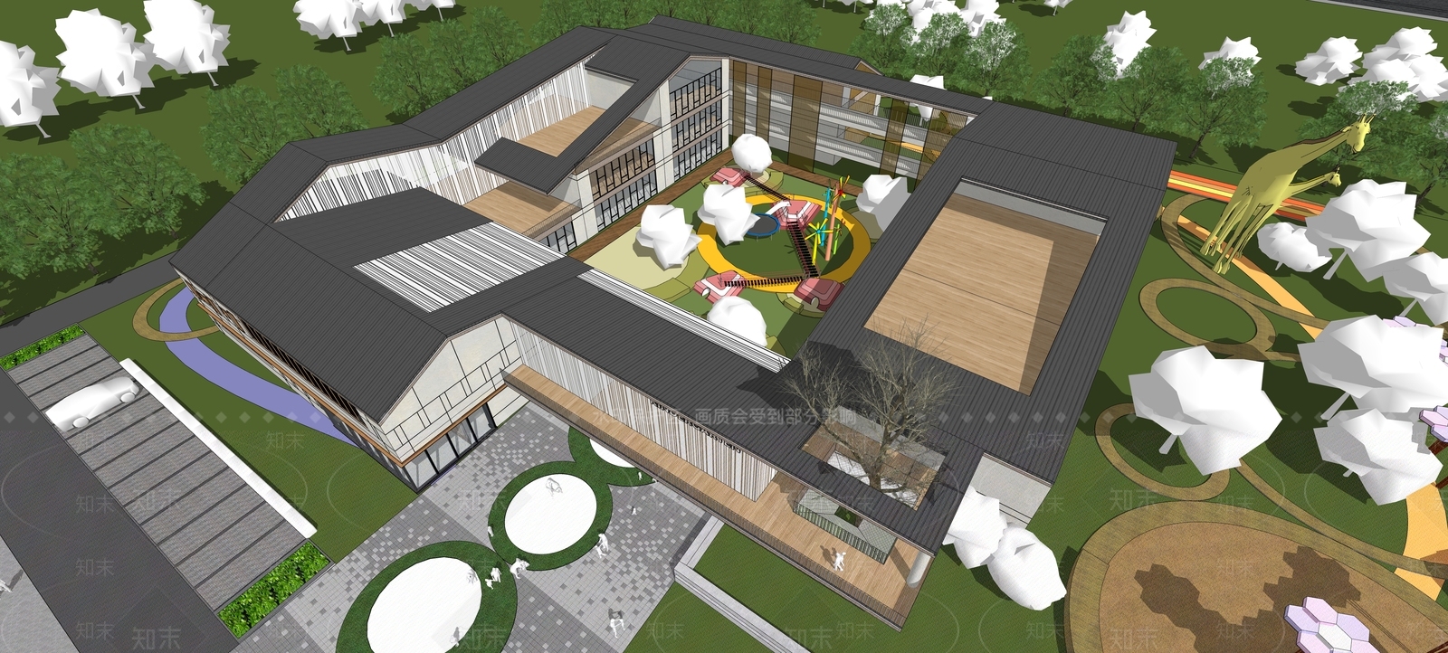 新中式风格围合幼儿园SU模型下载【ID:1148415531】